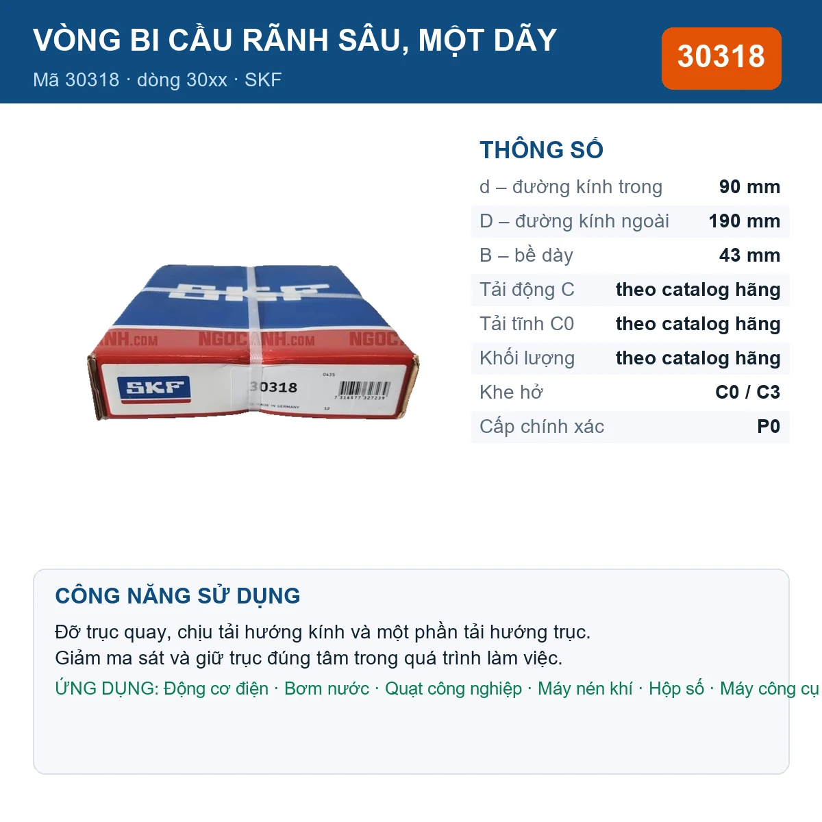 Vòng bi SKF 30318 — kích thước 90x190x43mm