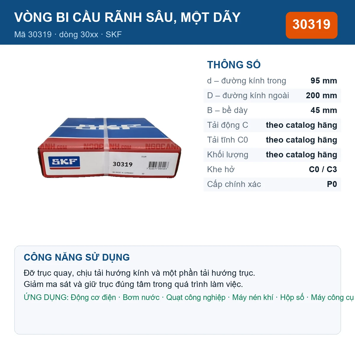 Vòng bi SKF 30319 — kích thước 95x200x45mm