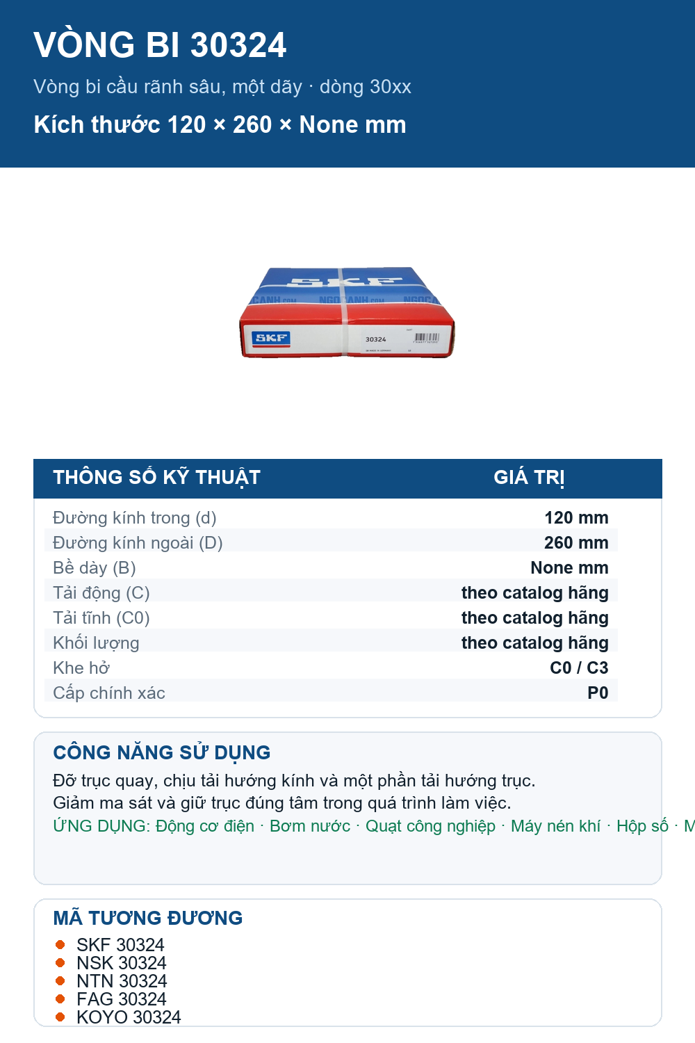 Vòng bi SKF 30324 120x260mm — Ảnh thông số (Pinterest)
