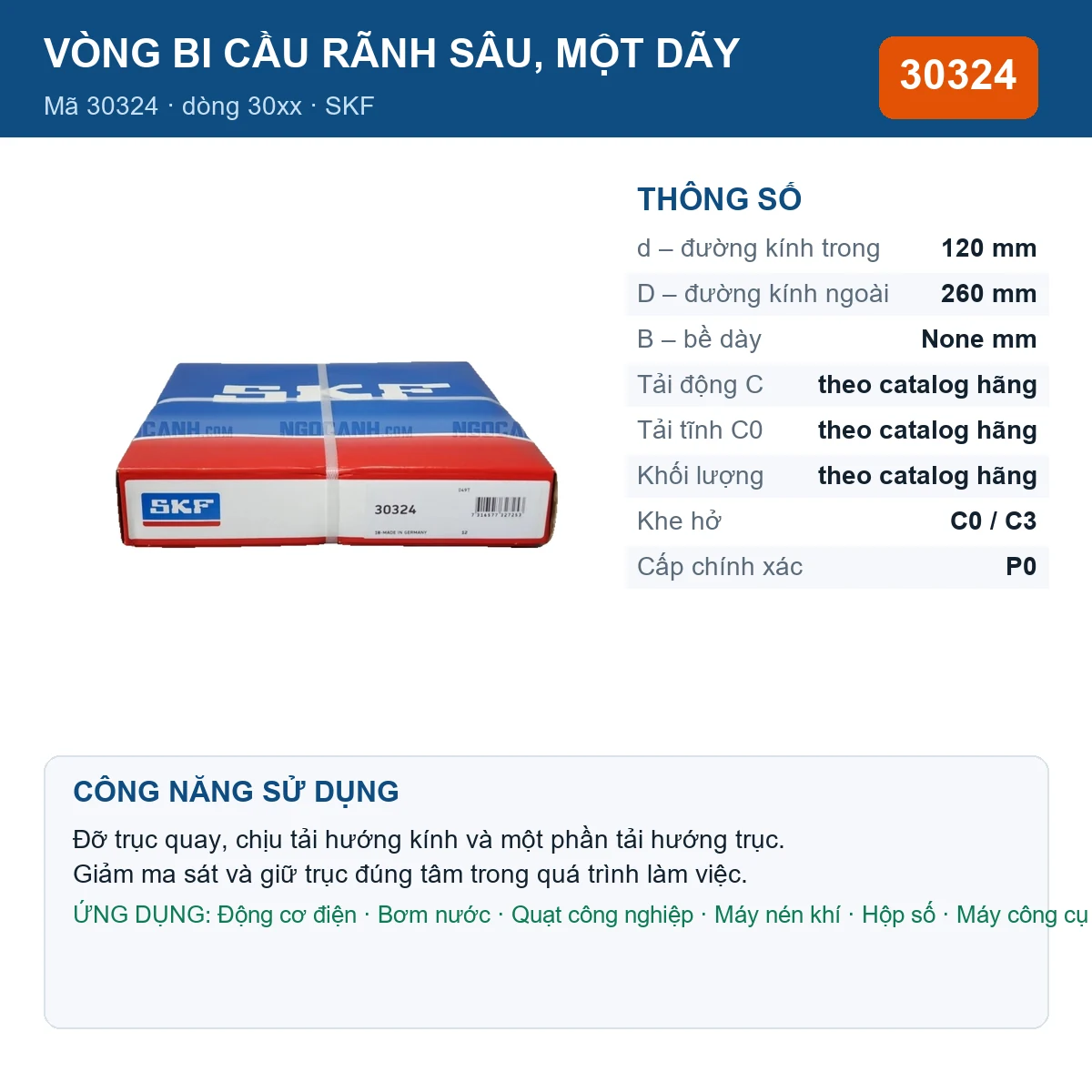 Vòng bi SKF 30324 — kích thước 120x260mm
