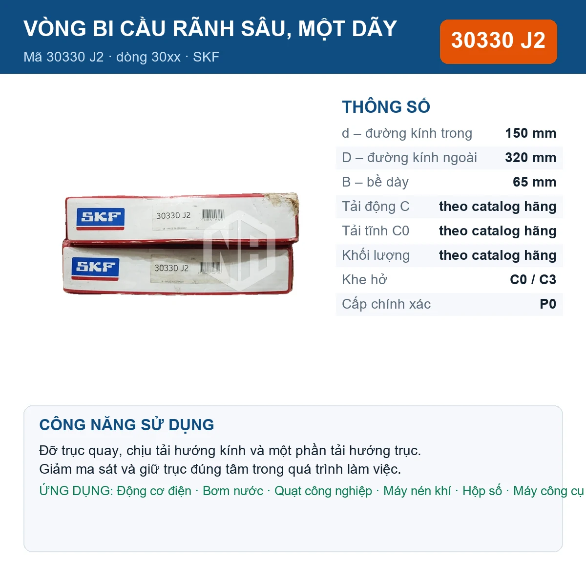 Vòng bi SKF 30330 J2 — kích thước 150x320x65mm