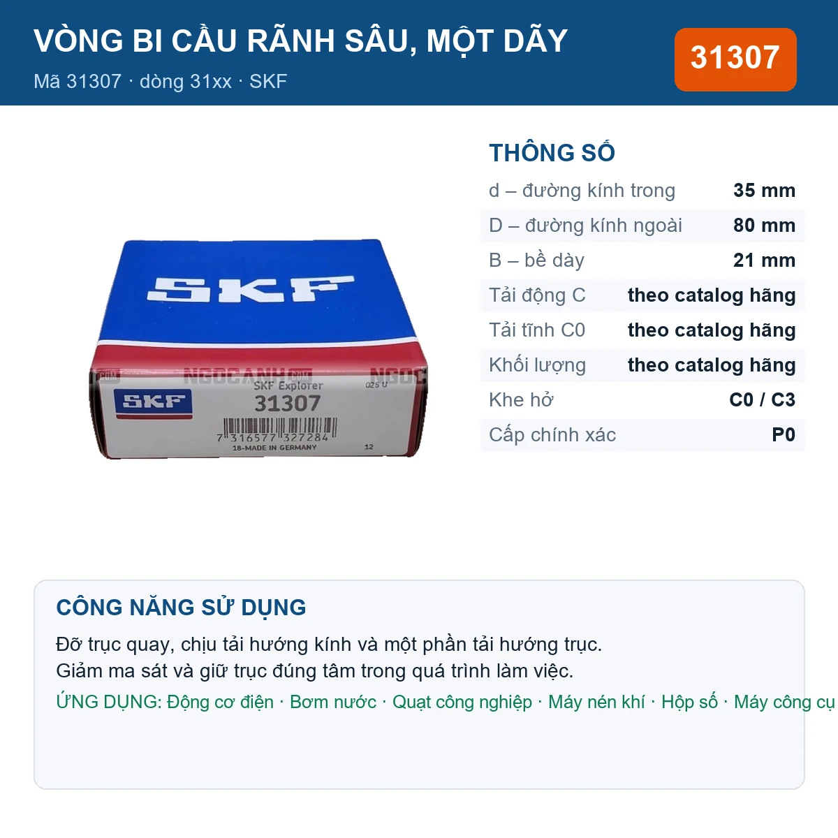 Vòng bi SKF 31307 — kích thước 35x80x21mm