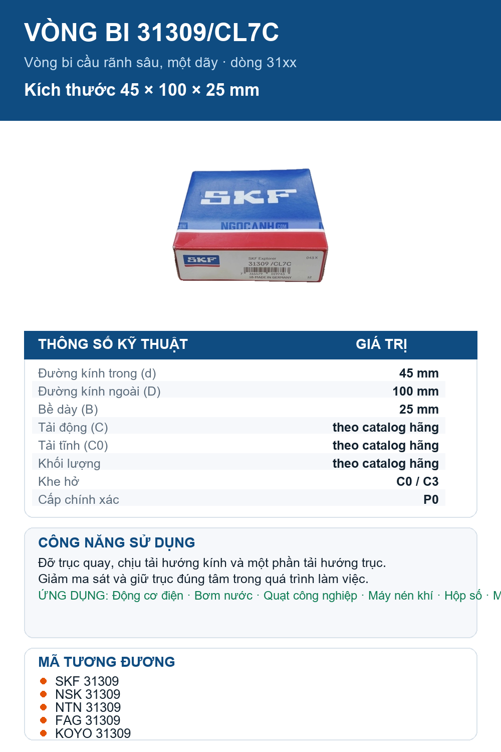 Vòng bi SKF 31309/CL7C 45x100x25mm — Ảnh thông số (Pinterest)