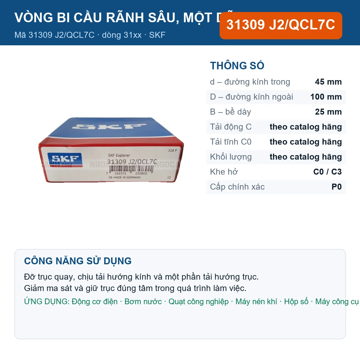 Vòng bi SKF 31309 J2/QCL7C — kích thước 45x100x25mm