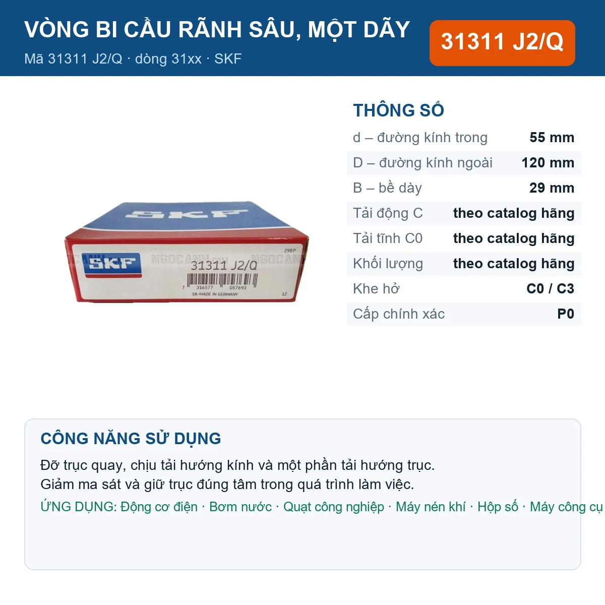 Vòng bi SKF 31311 J2/Q — kích thước 55x120x29mm