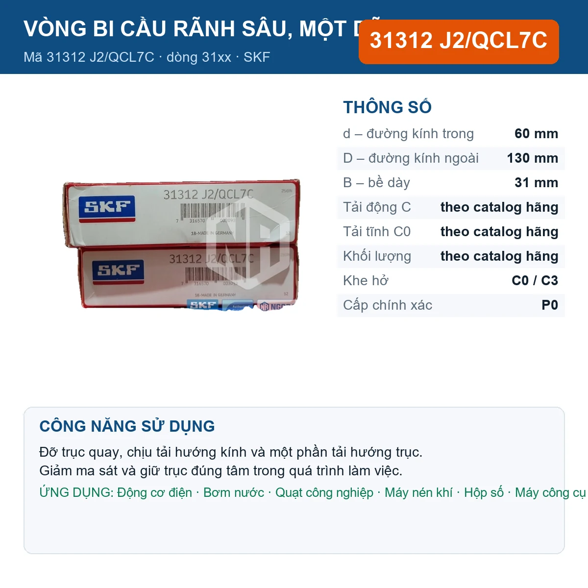Vòng bi SKF 31312 J2/QCL7C — kích thước 60x130x31mm