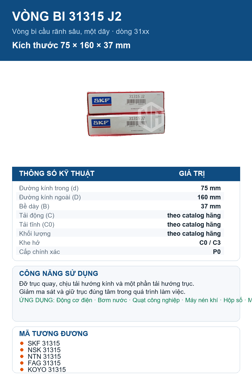 Vòng bi SKF 31315 J2 75x160x37mm — Ảnh thông số (Pinterest)