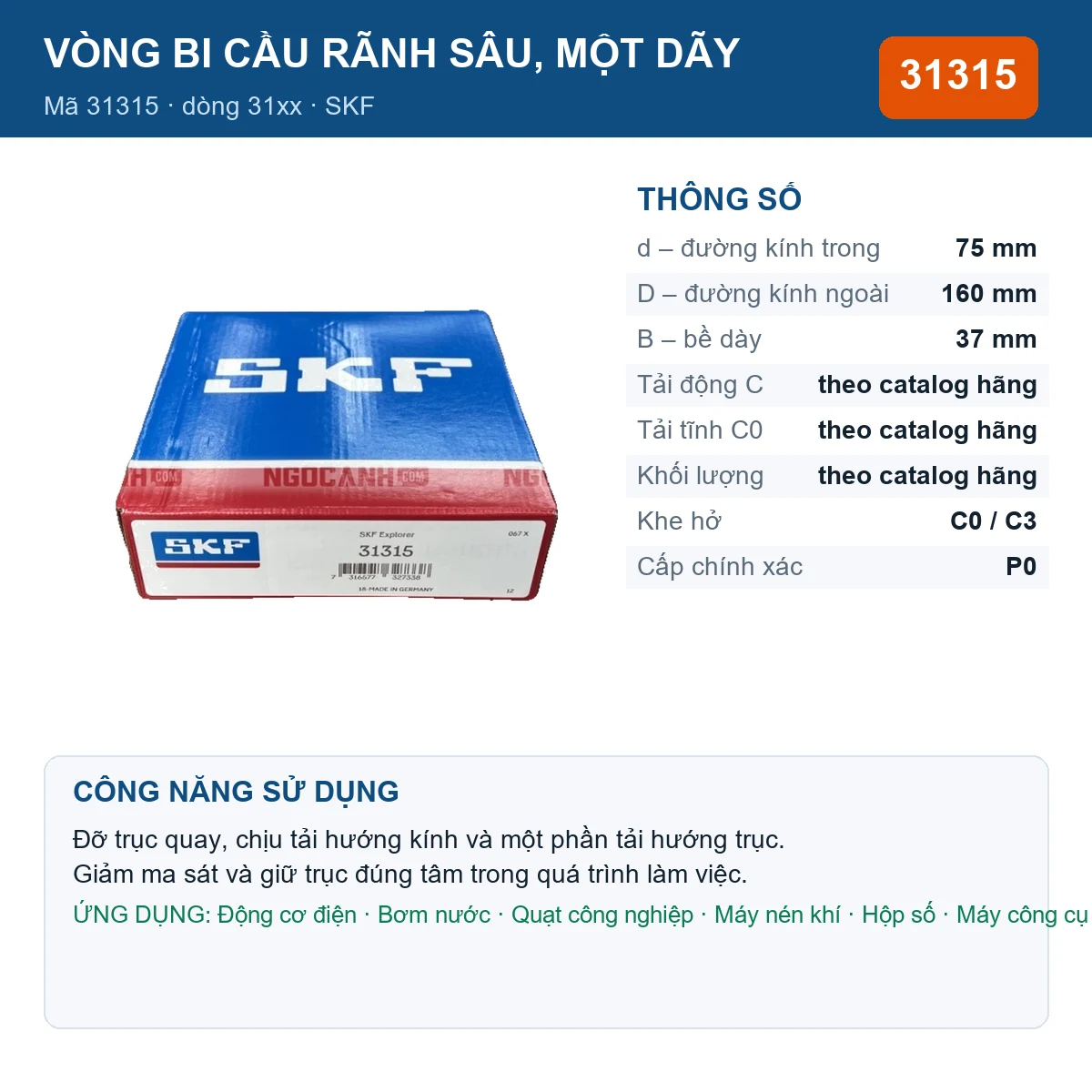 Vòng bi SKF 31315 — kích thước 75x160x37mm