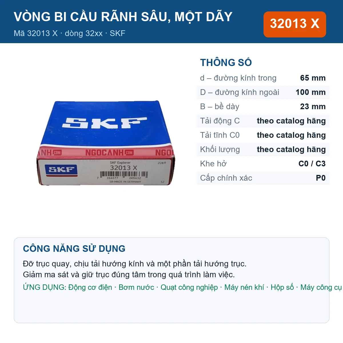 Vòng bi SKF 32013 X — kích thước 65x100x23mm