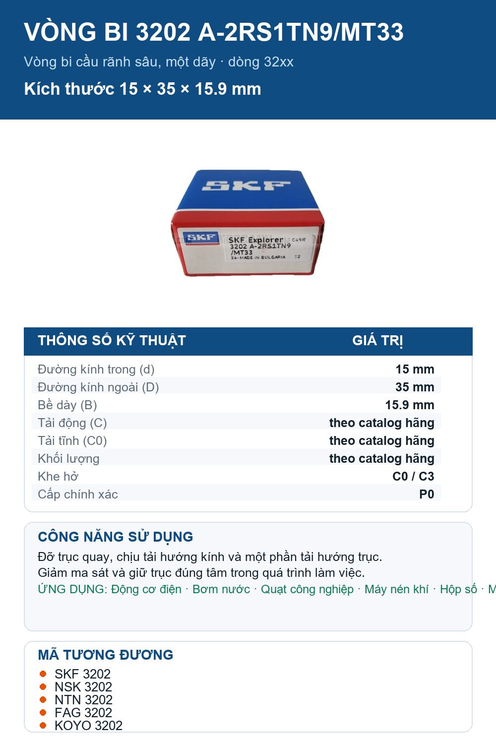 Vòng bi SKF 3202 A-2RS1TN9/MT33 15x35x15.9mm — Ảnh thông số (Pinterest)