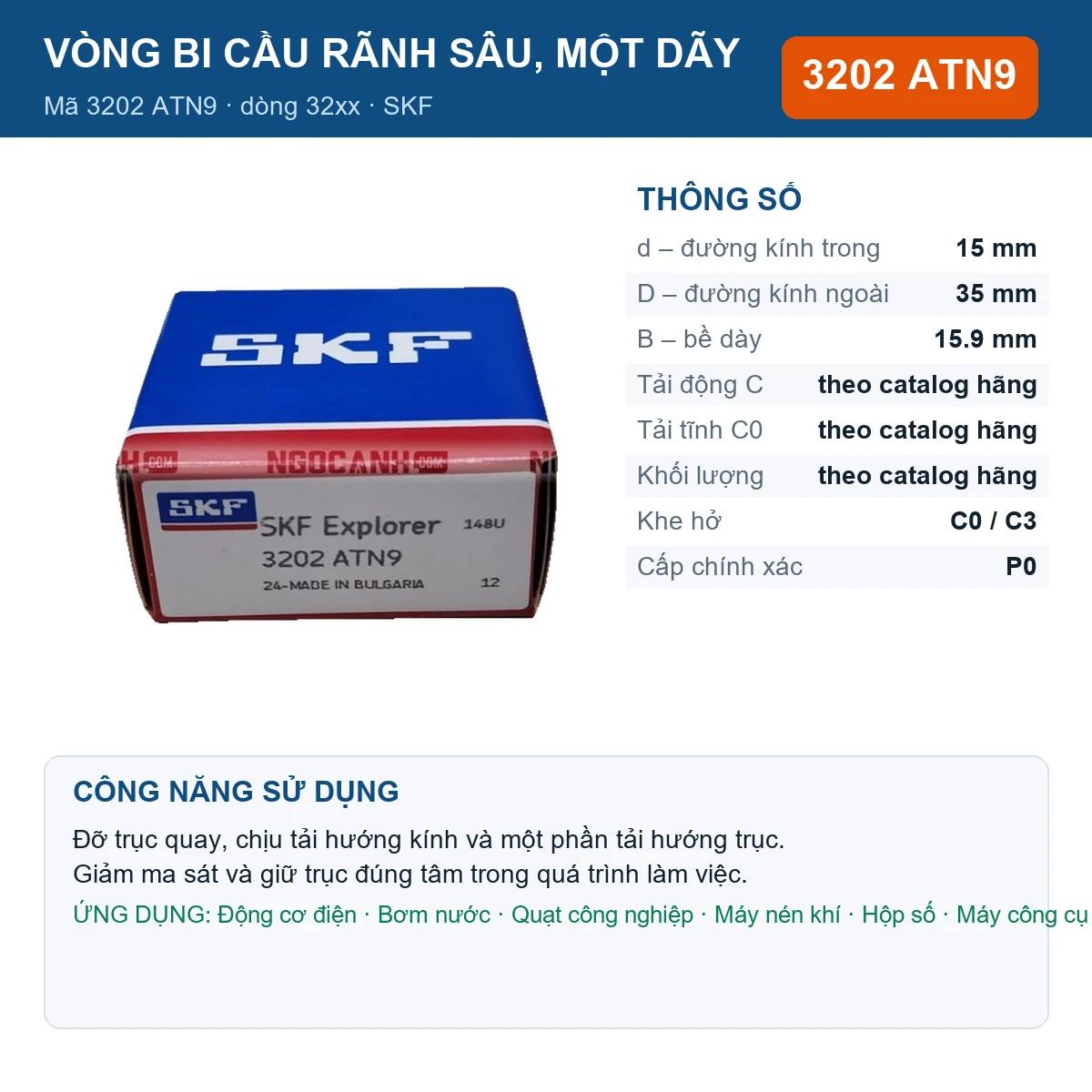 Vòng bi SKF 3202 ATN9 — kích thước 15x35x15.9mm