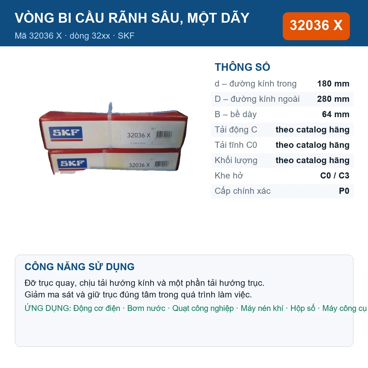 Vòng bi SKF 32036 X — kích thước 180x280x64mm