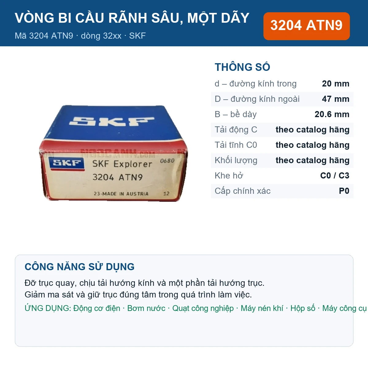 Vòng bi SKF 3204 ATN9 — kích thước 20x47x20.6mm