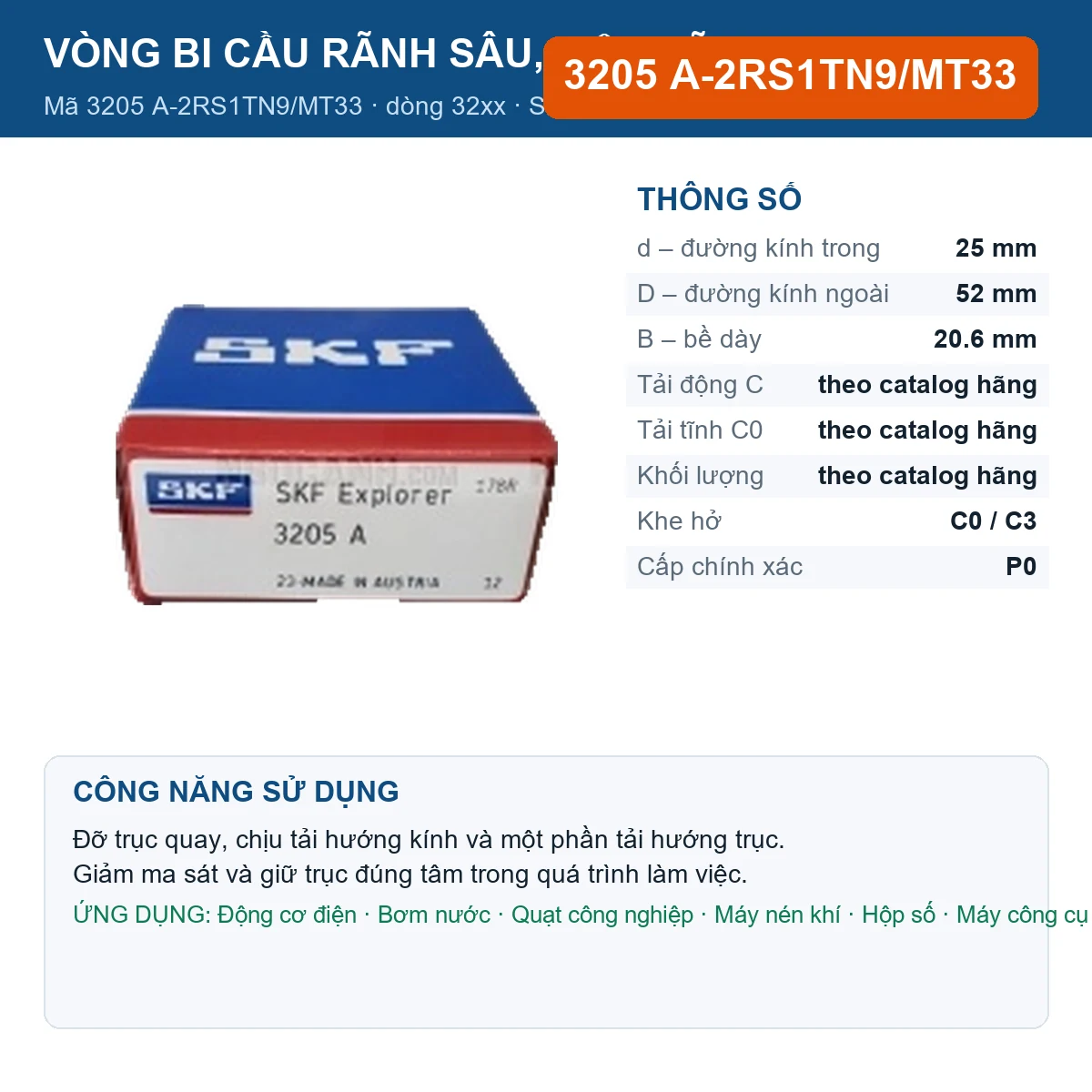 Vòng bi SKF 3205 A-2RS1TN9/MT33 — kích thước 25x52x20.6mm