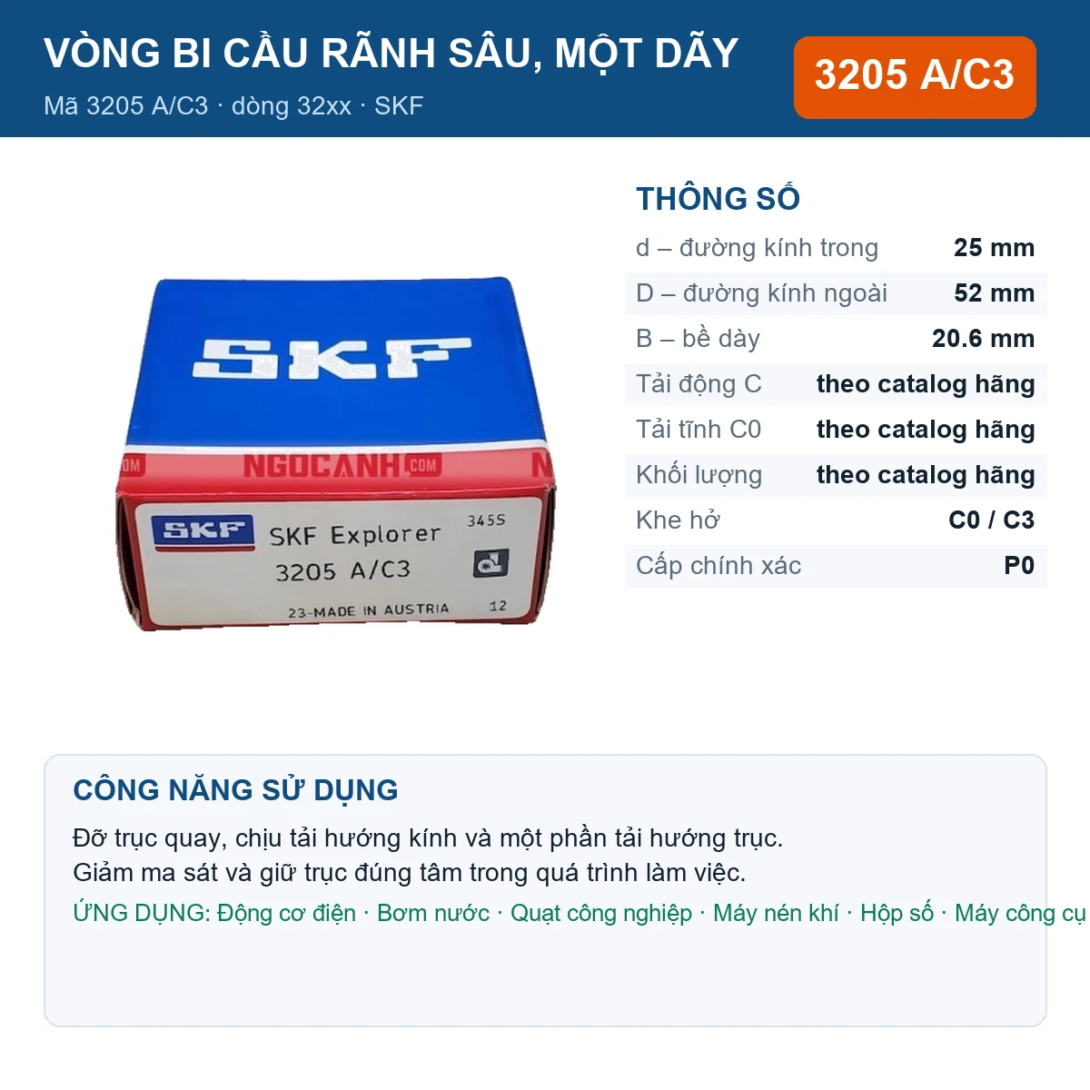 Vòng bi SKF 3205 A/C3 — kích thước 25x52x20.6mm