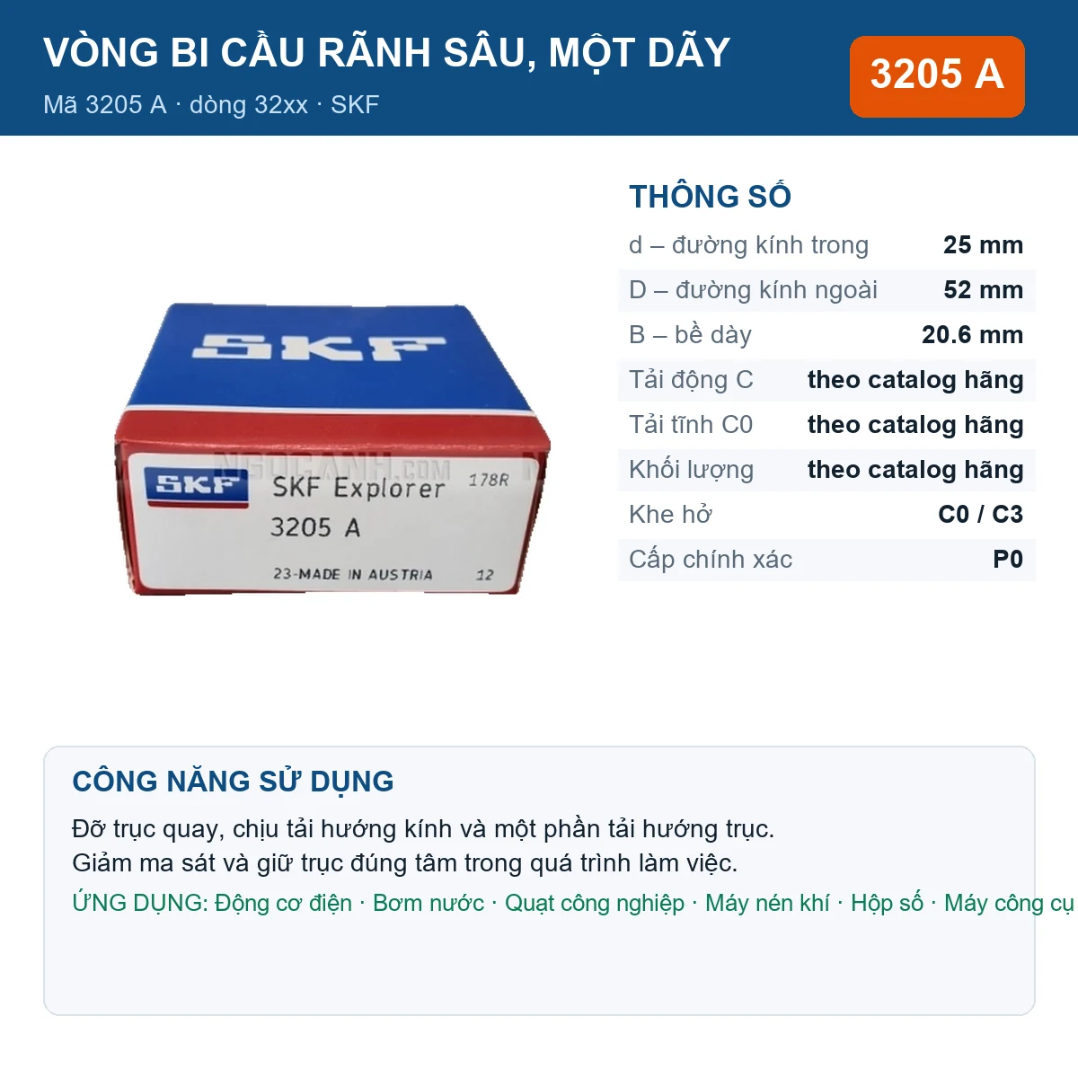 Vòng bi SKF 3205 A — kích thước 25x52x20.6mm