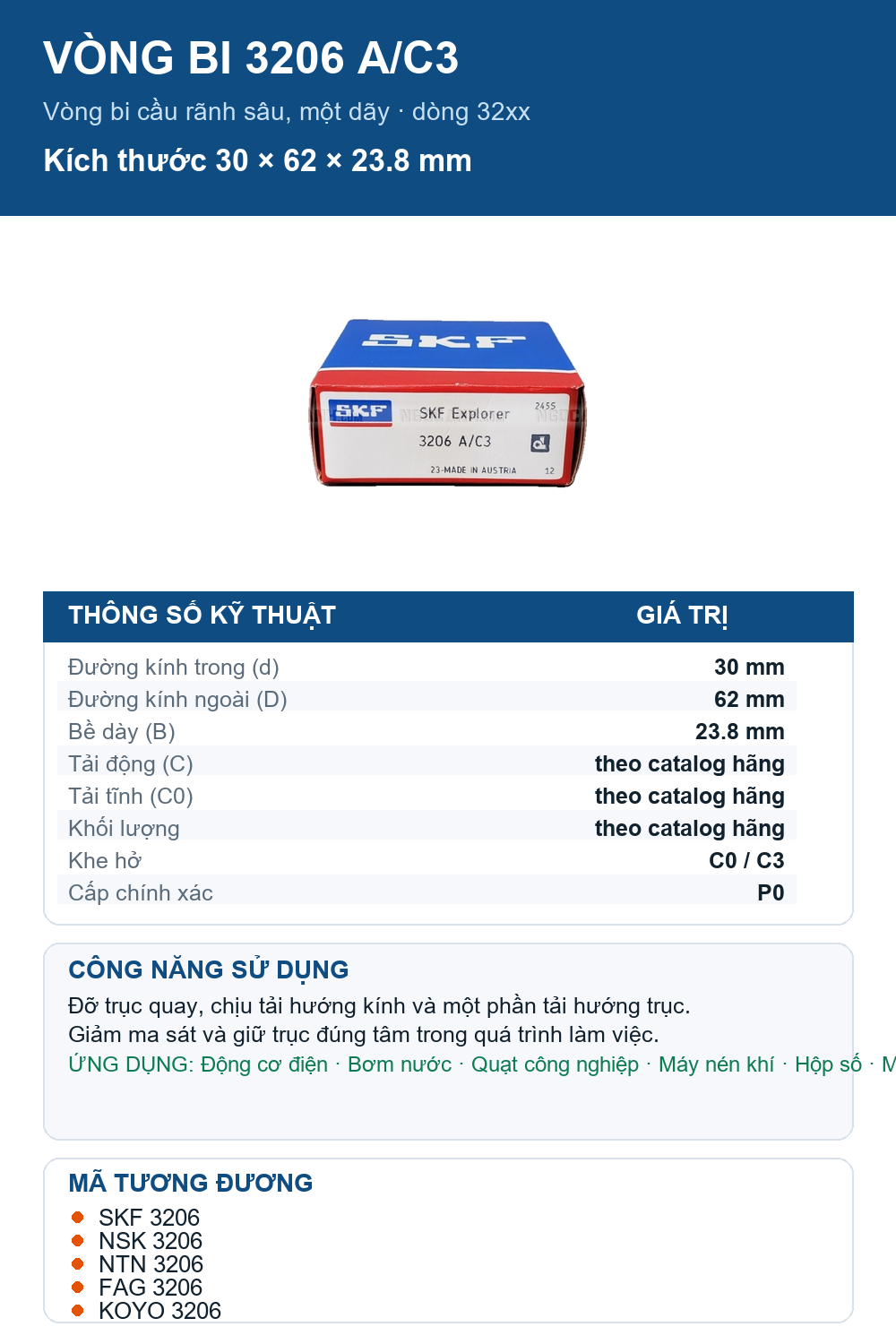 Vòng bi SKF 3206 A/C3 30x62x23.8mm — Ảnh thông số (Pinterest)