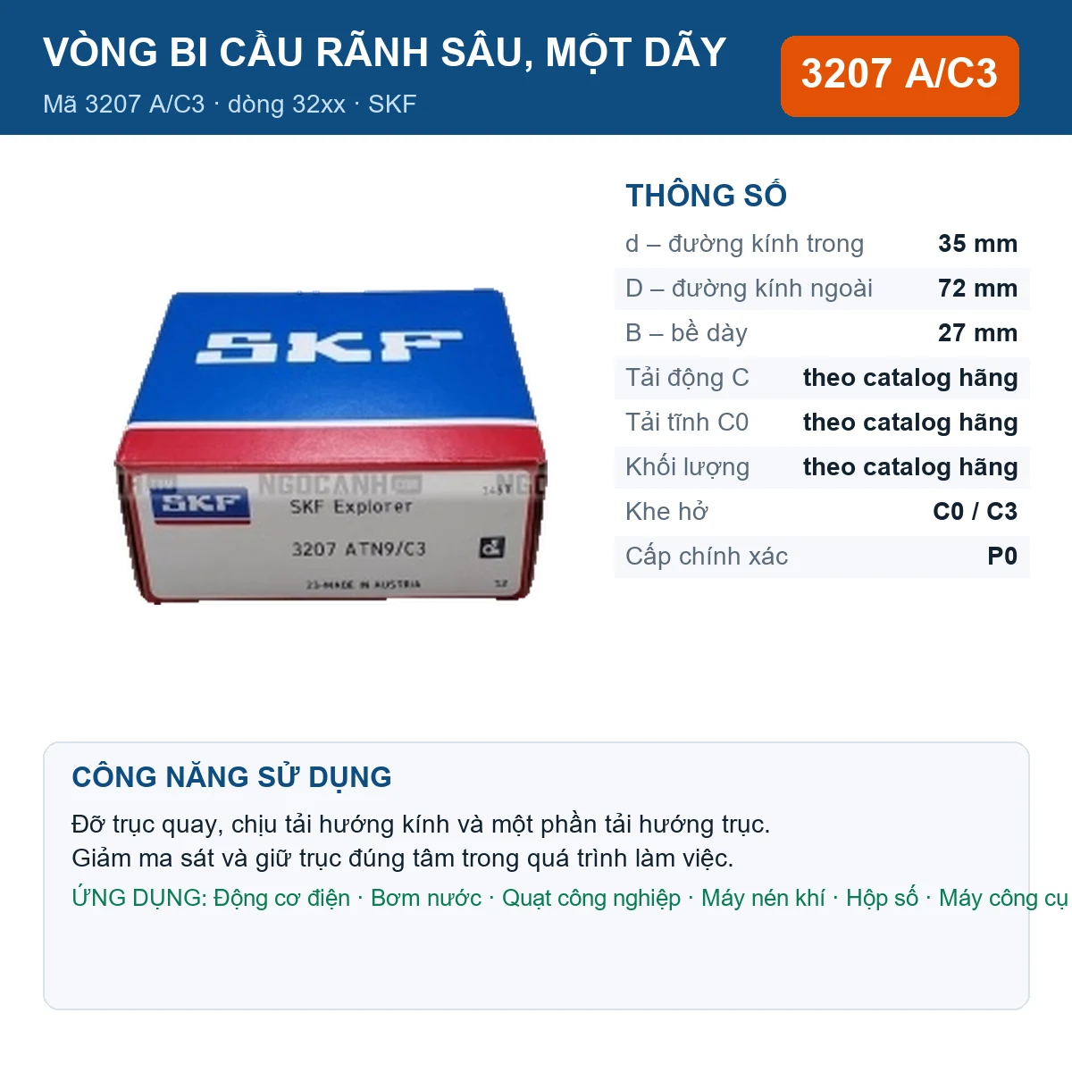 Vòng bi SKF 3207 A/C3 — kích thước 35x72x27mm