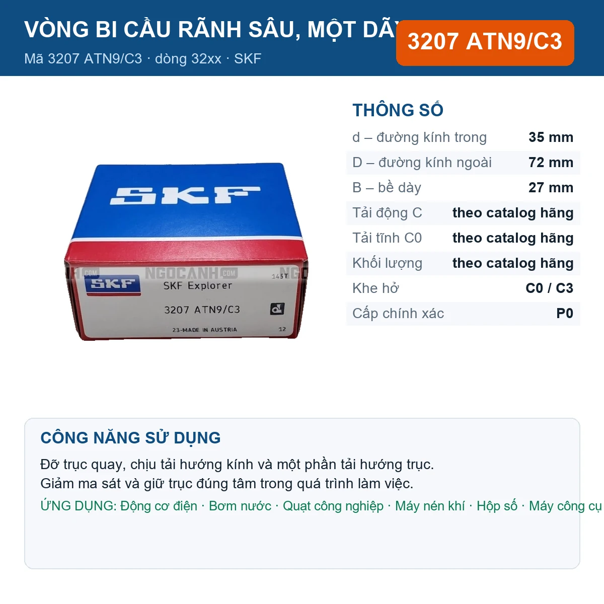Vòng bi SKF 3207 ATN9/C3 — kích thước 35x72x27mm