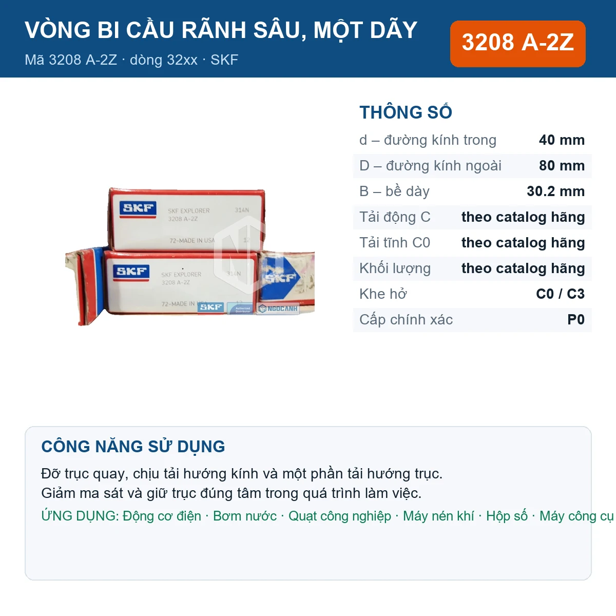 Vòng bi SKF 3208 A-2Z — kích thước 40x80x30.2mm
