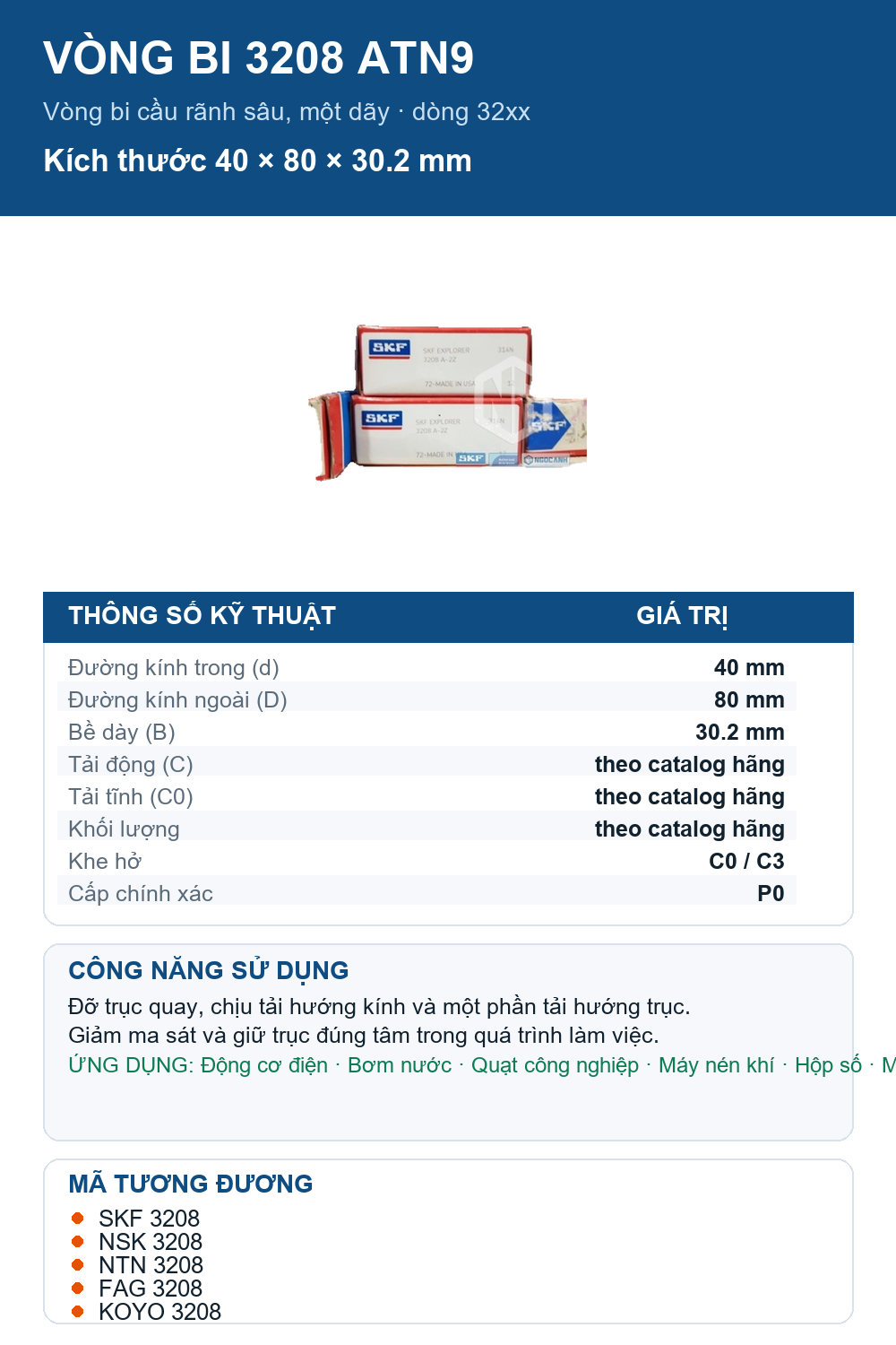 Vòng bi SKF 3208 ATN9 40x80x30.2mm — Ảnh thông số (Pinterest)