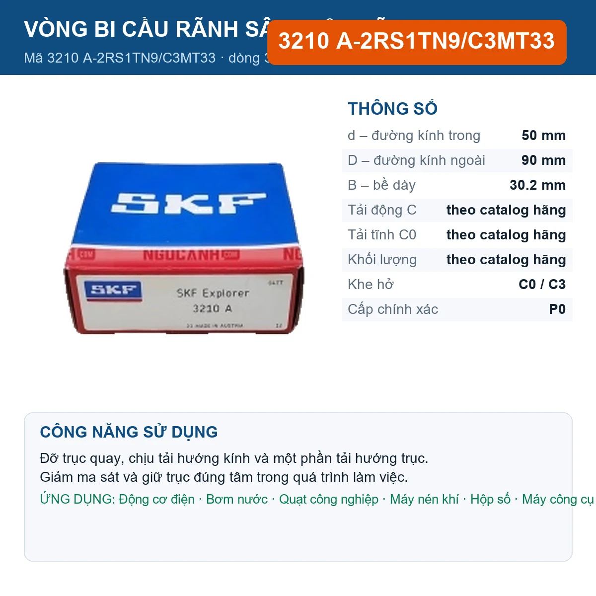 Vòng bi SKF 3210 A-2RS1TN9/C3MT33 — kích thước 50x90x30.2mm