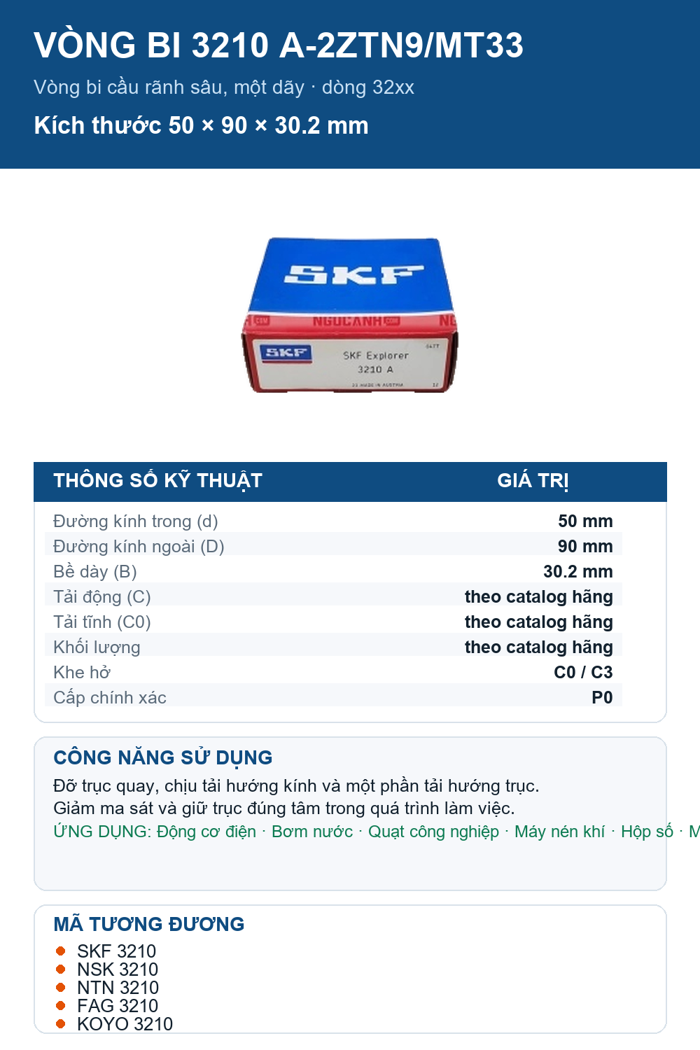 Vòng bi SKF 3210 A-2ZTN9/MT33 50x90x30.2mm — Ảnh thông số (Pinterest)