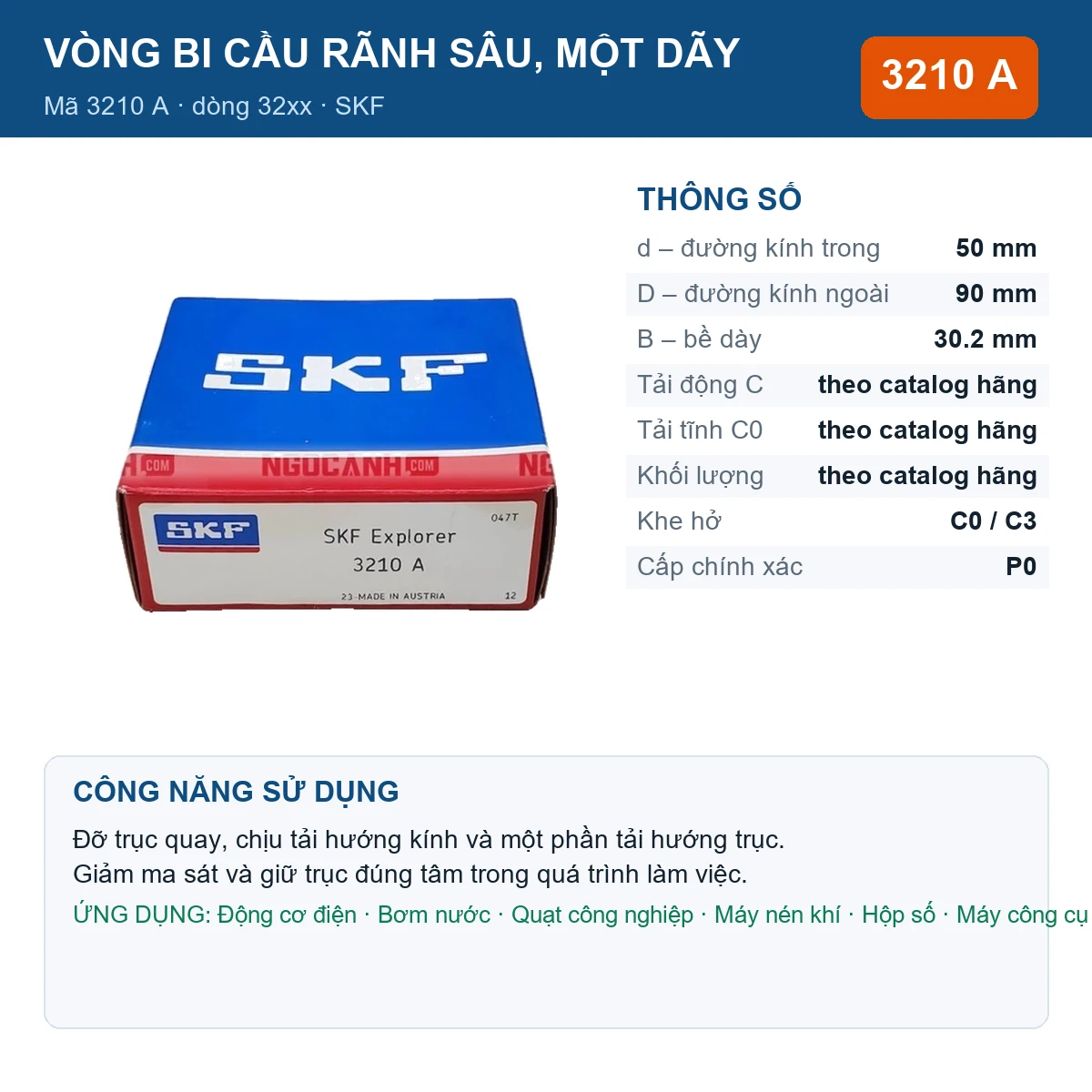 Vòng bi SKF 3210 A — kích thước 50x90x30.2mm