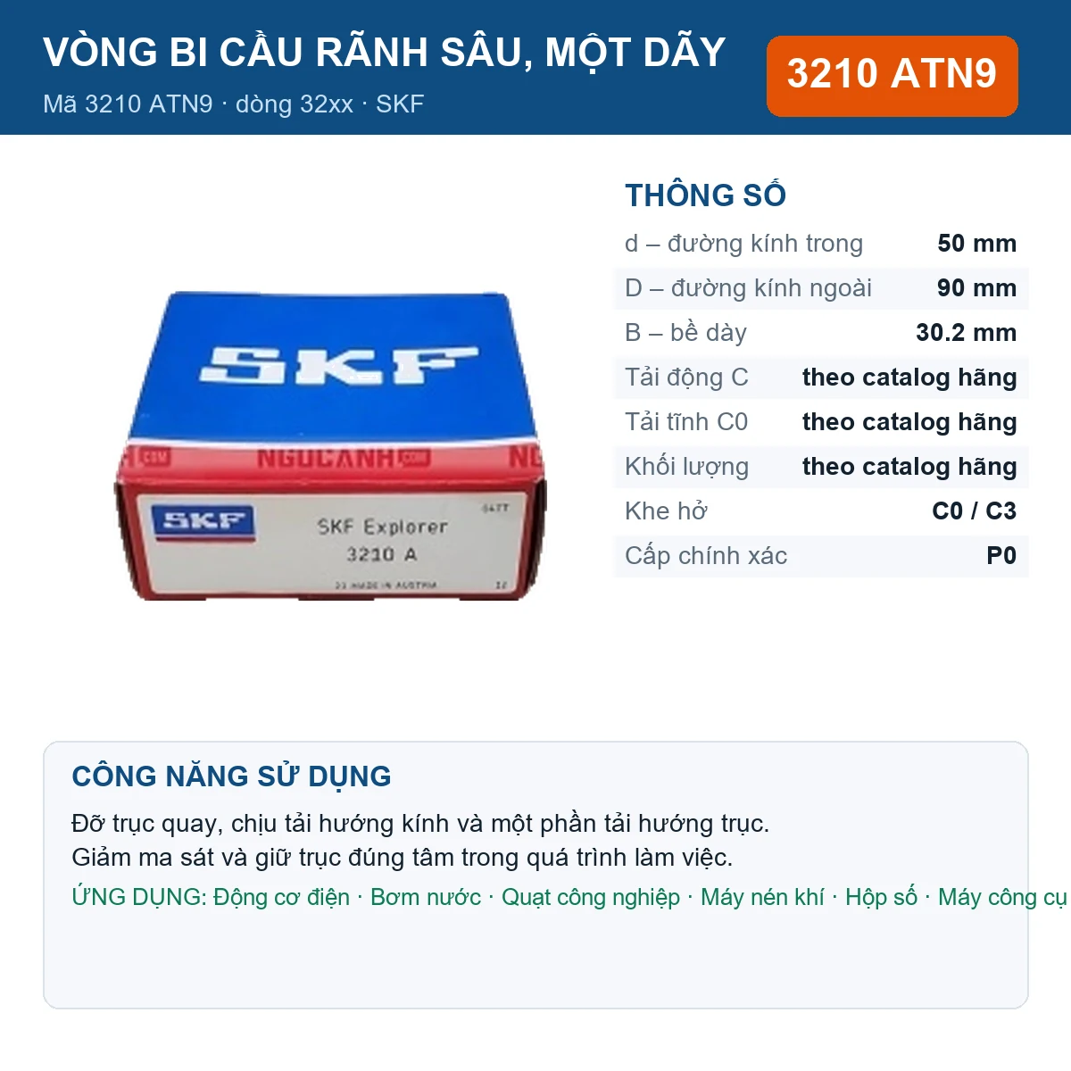 Vòng bi SKF 3210 ATN9 — kích thước 50x90x30.2mm