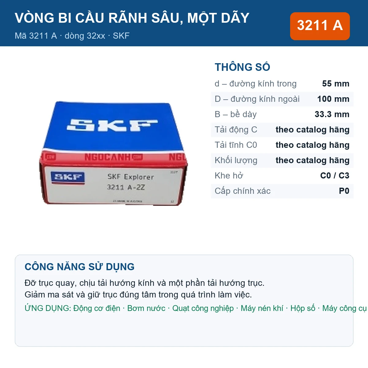 Vòng bi SKF 3211 A — kích thước 55x100x33.3mm