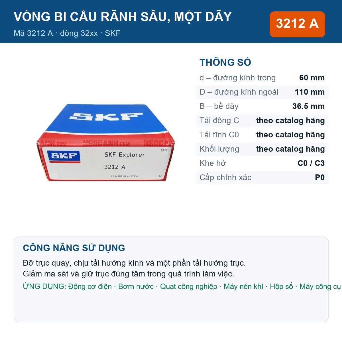 Vòng bi SKF 3212 A — kích thước 60x110x36.5mm