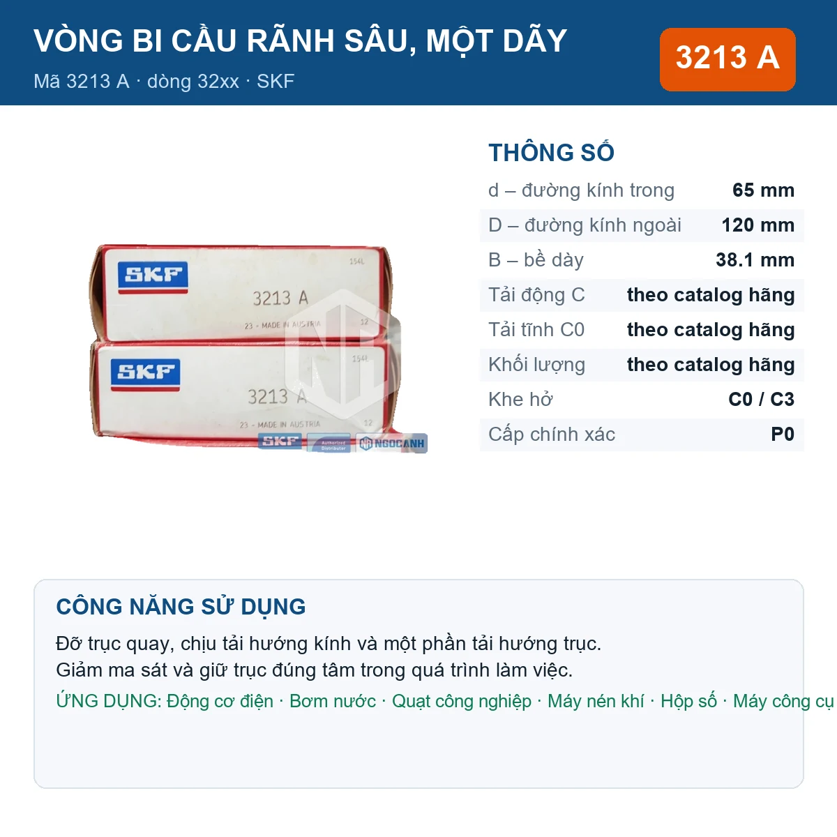 Vòng bi SKF 3213 A — kích thước 65x120x38.1mm