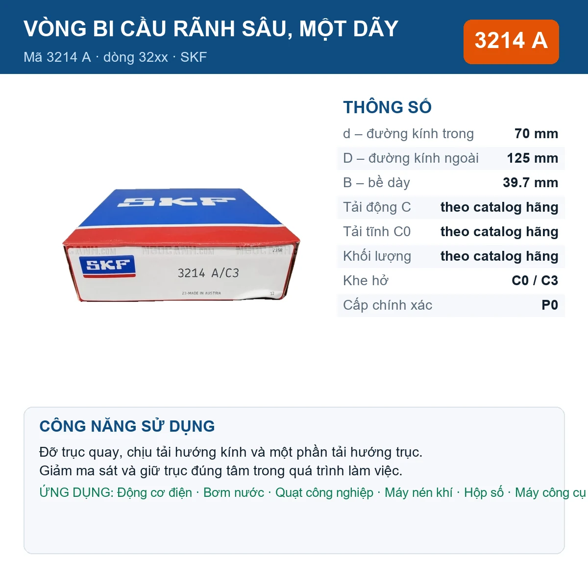 Vòng bi SKF 3214 A — kích thước 70x125x39.7mm