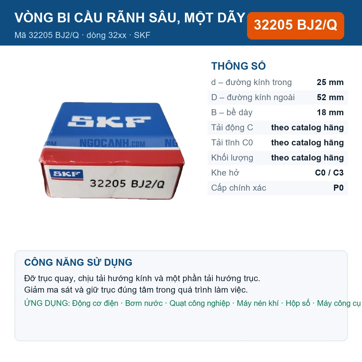 Vòng bi SKF 32205 BJ2/Q — kích thước 25x52x18mm