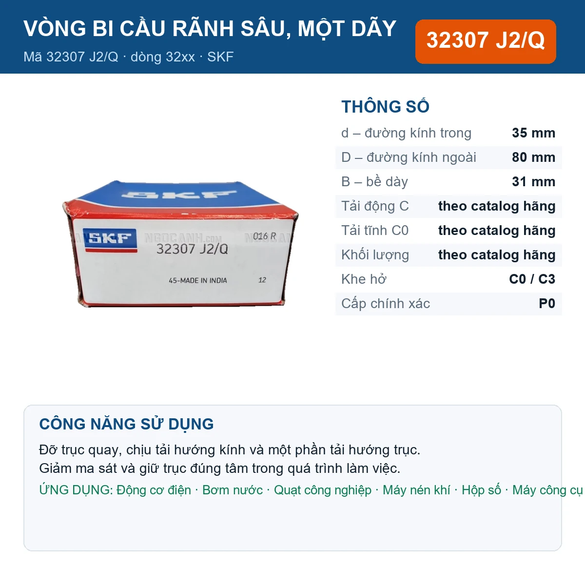 Vòng bi SKF 32307 J2/Q — kích thước 35x80x31mm