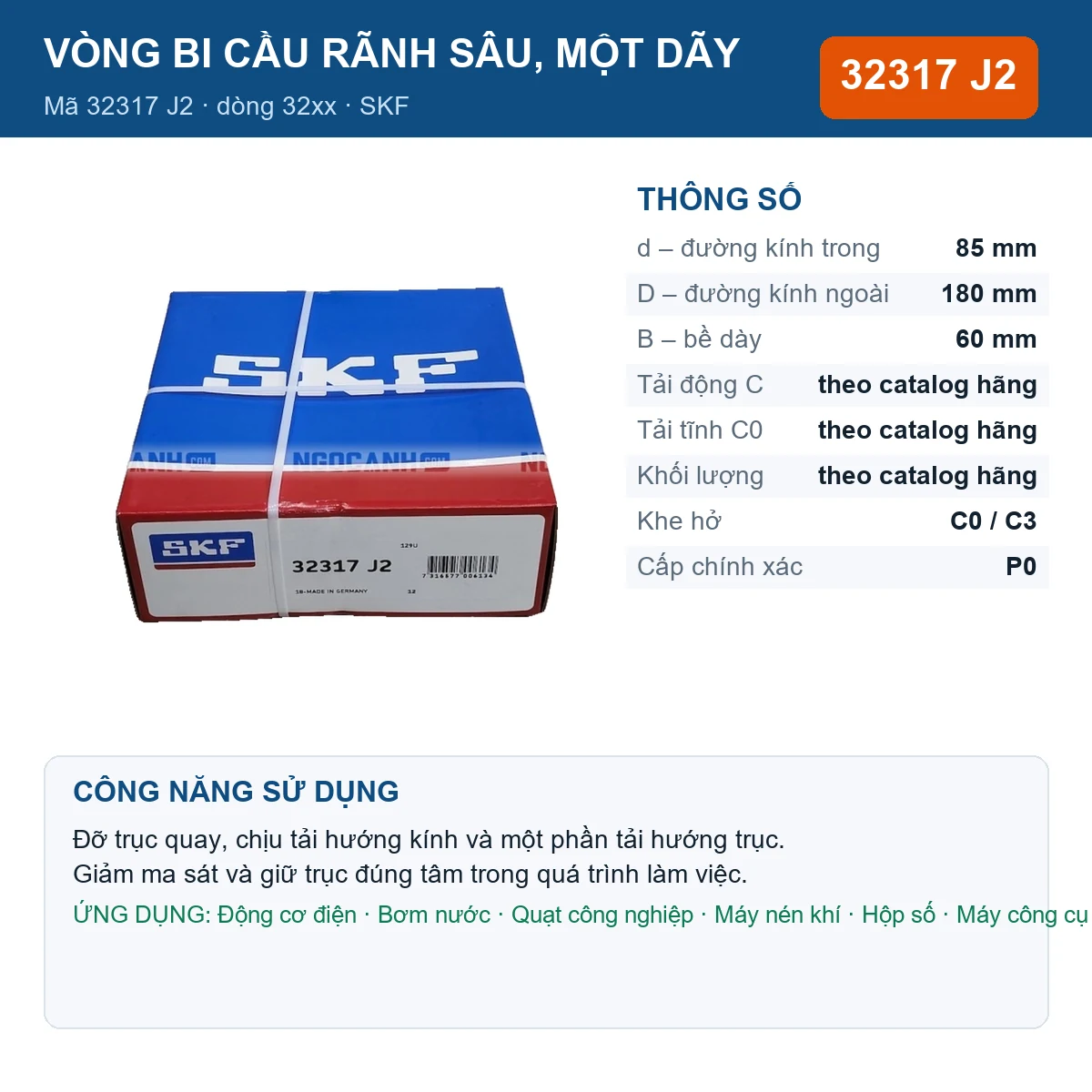 Vòng bi SKF 32317 J2 — kích thước 85x180x60mm