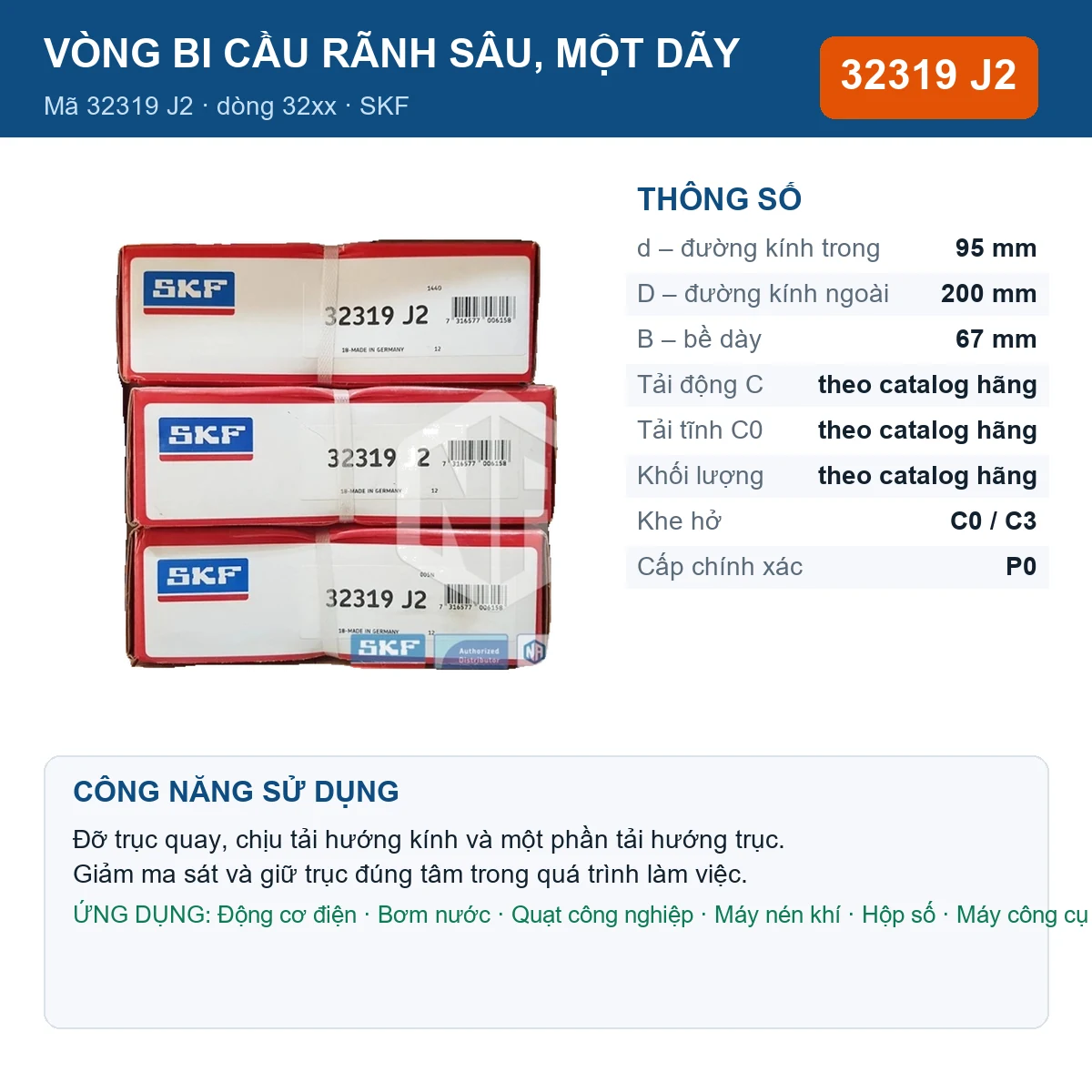 Vòng bi SKF 32319 J2 — kích thước 95x200x67mm