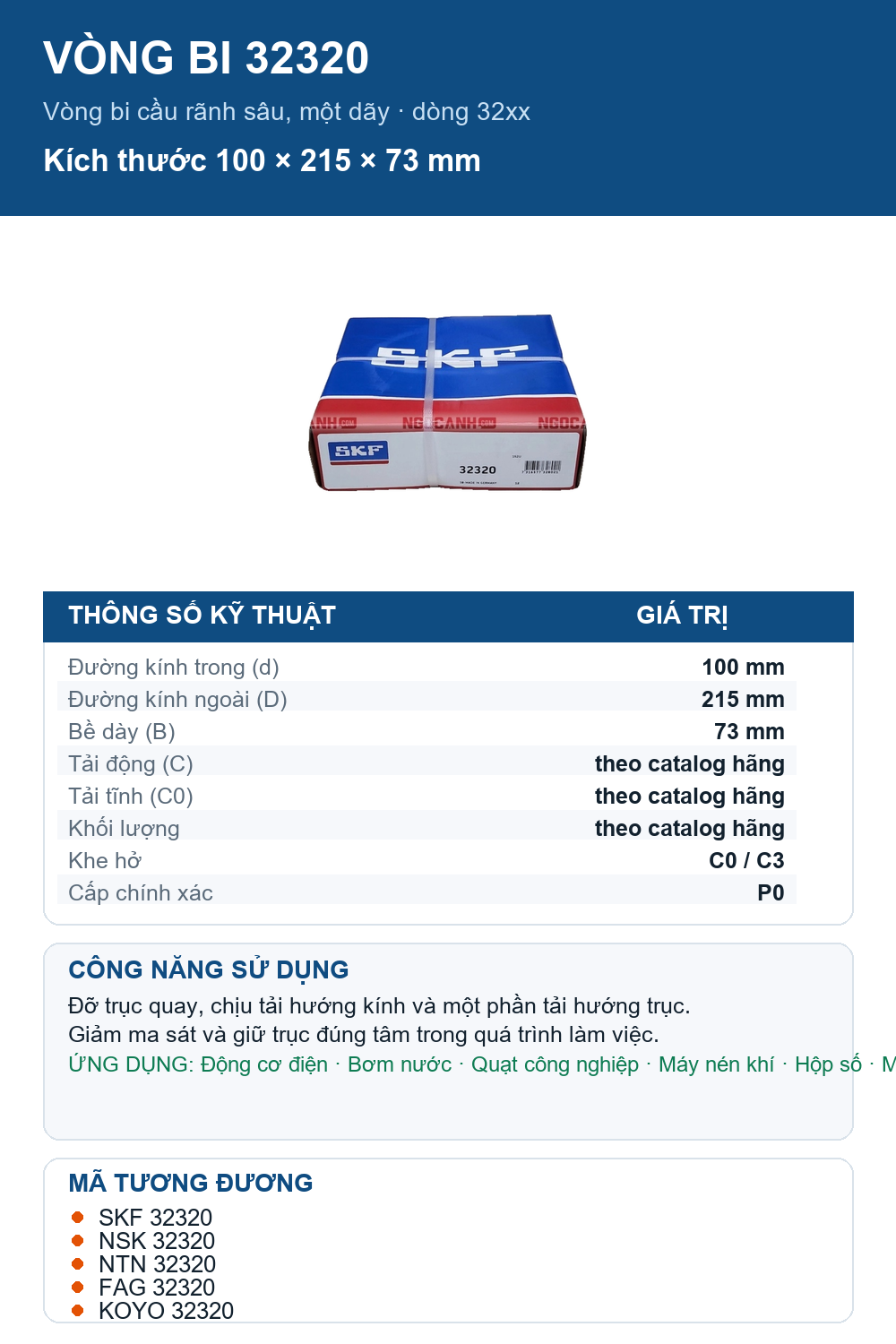 Vòng bi SKF 32320 100x215x73mm — Ảnh thông số (Pinterest)