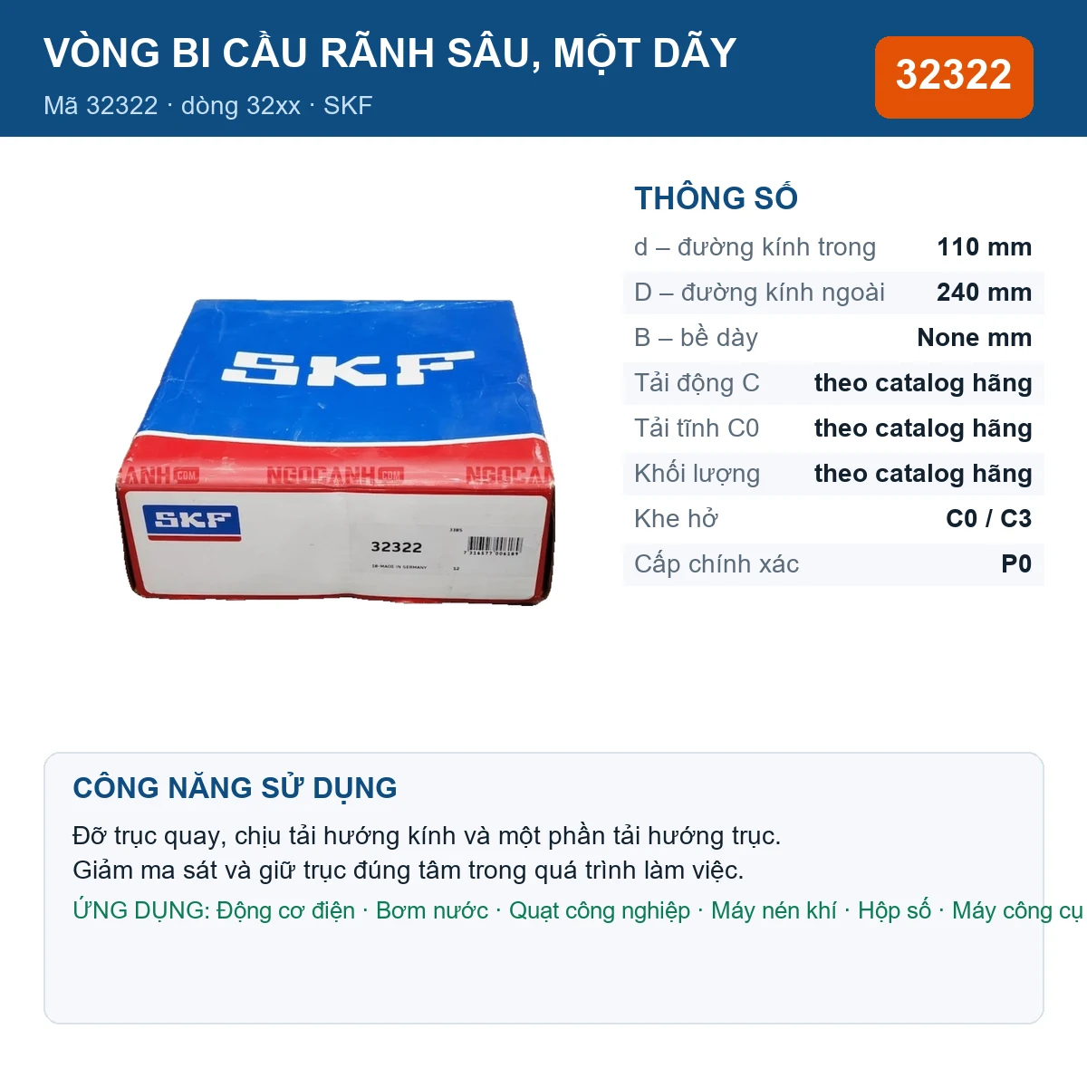 Vòng bi SKF 32322 — kích thước 110x240mm