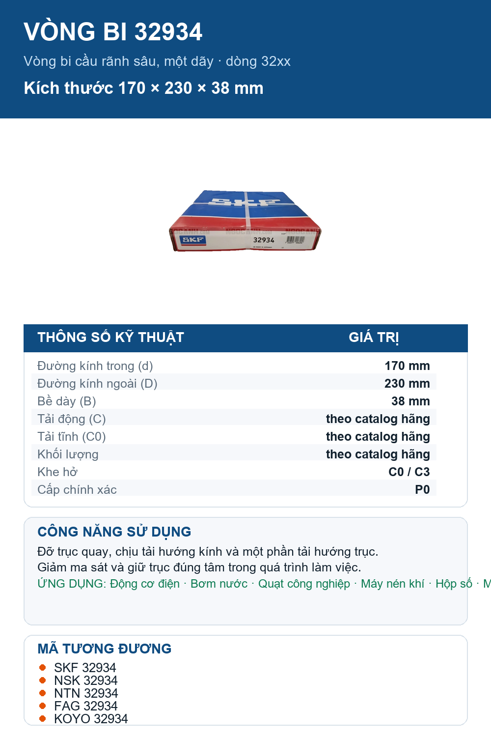 Vòng bi SKF 32934 170x230x38mm — Ảnh thông số (Pinterest)