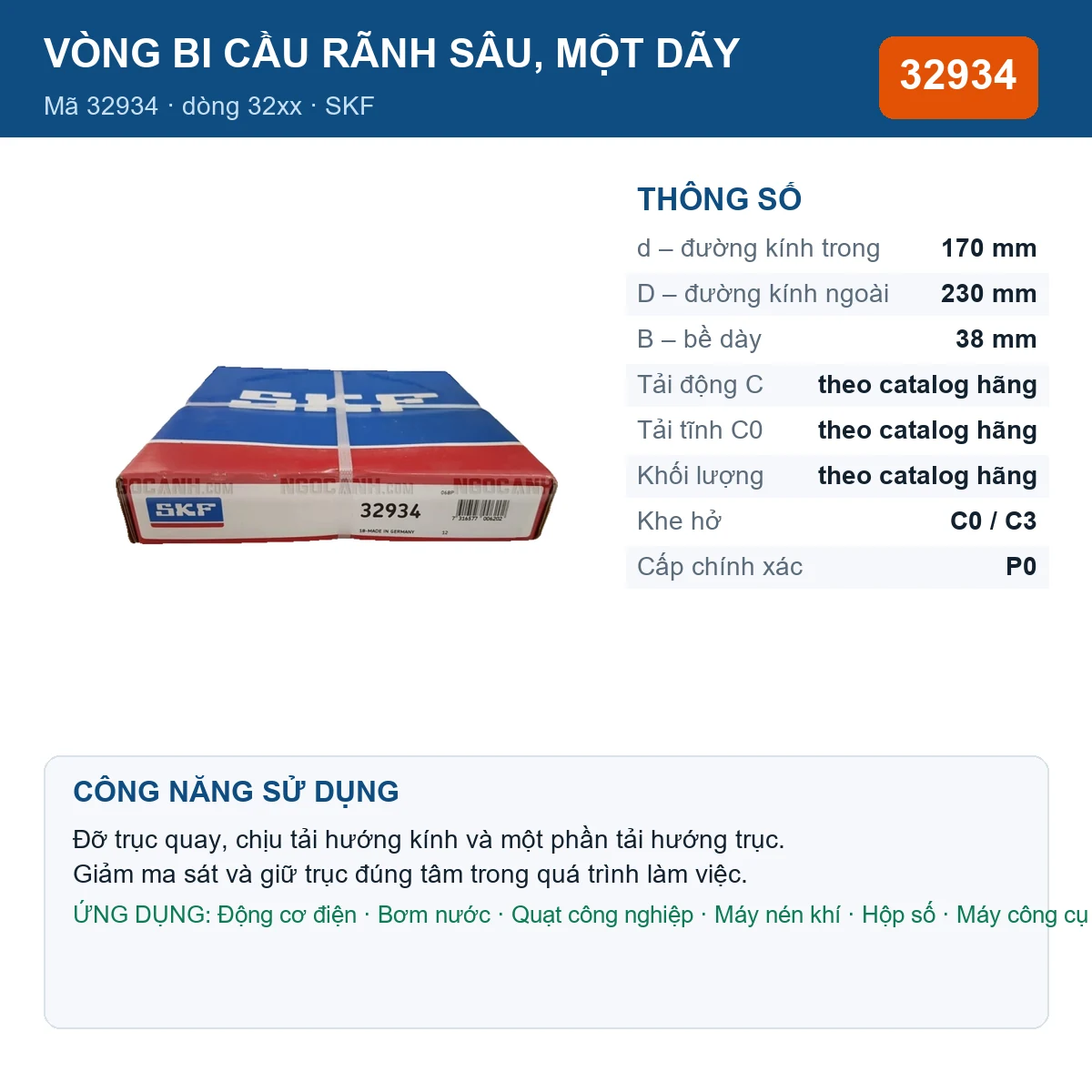 Vòng bi SKF 32934 — kích thước 170x230x38mm