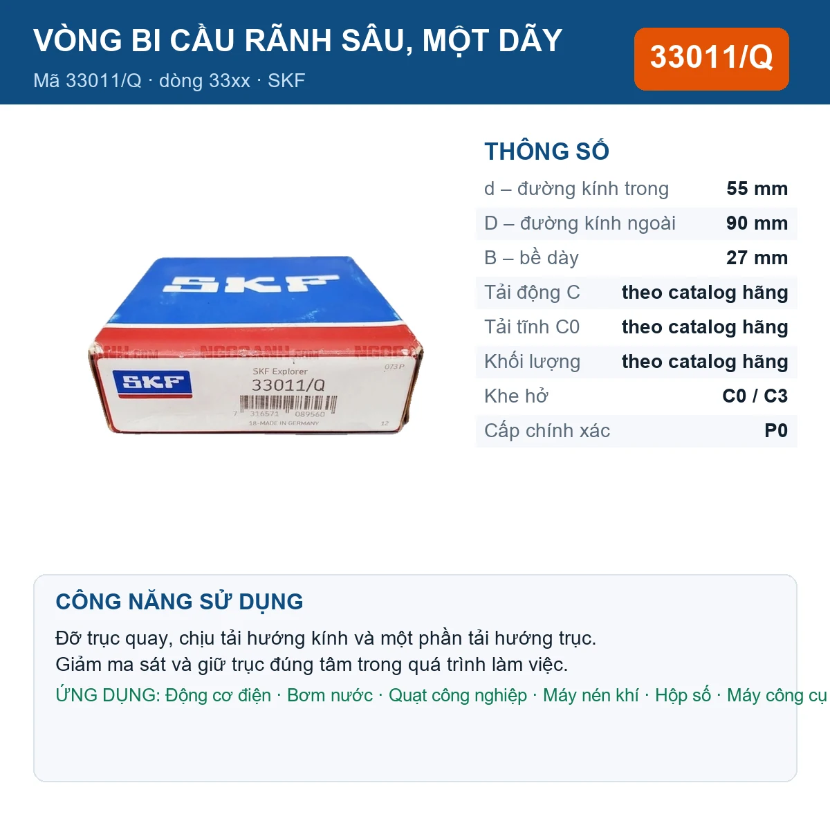 Vòng bi SKF 33011/Q — kích thước 55x90x27mm