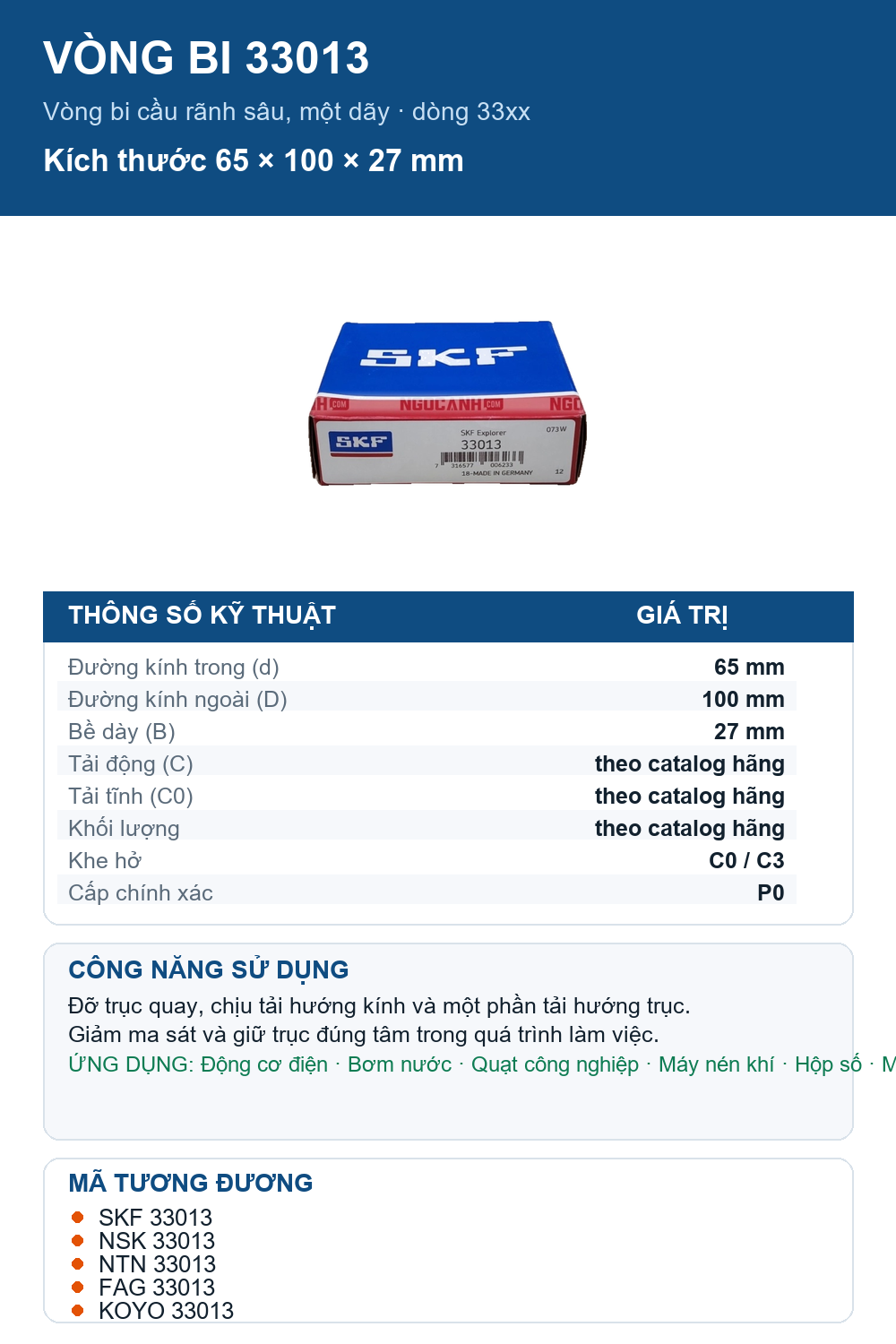 Vòng bi SKF 33013 65x100x27mm — Ảnh thông số (Pinterest)