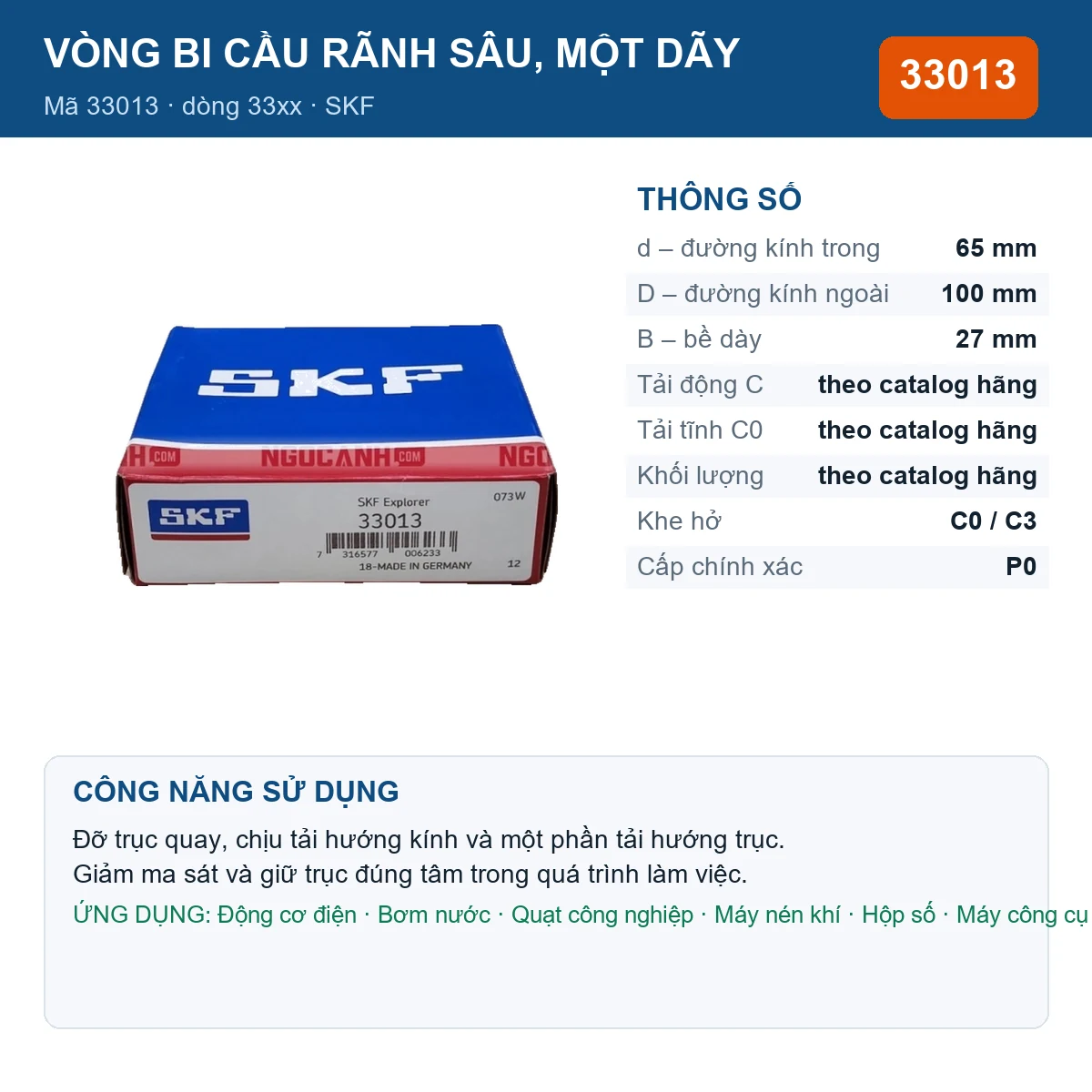 Vòng bi SKF 33013 — kích thước 65x100x27mm