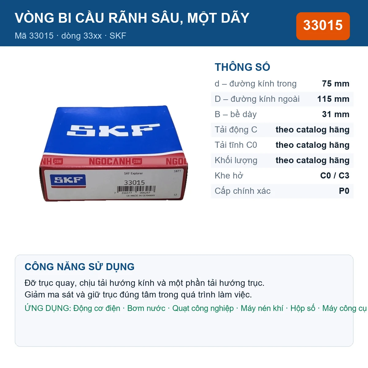 Vòng bi SKF 33015 — kích thước 75x115x31mm