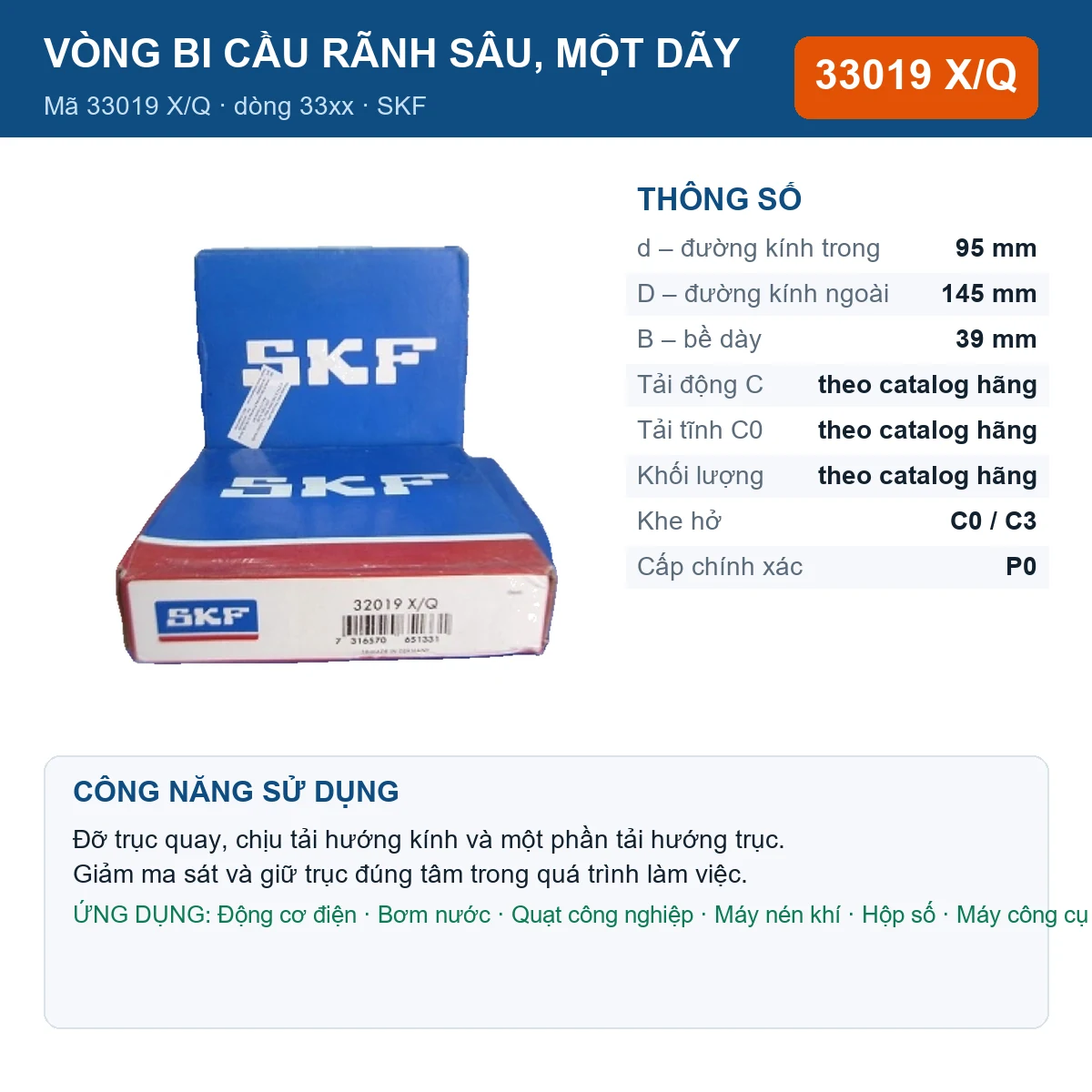 Vòng bi SKF 33019 X/Q — kích thước 95x145x39mm