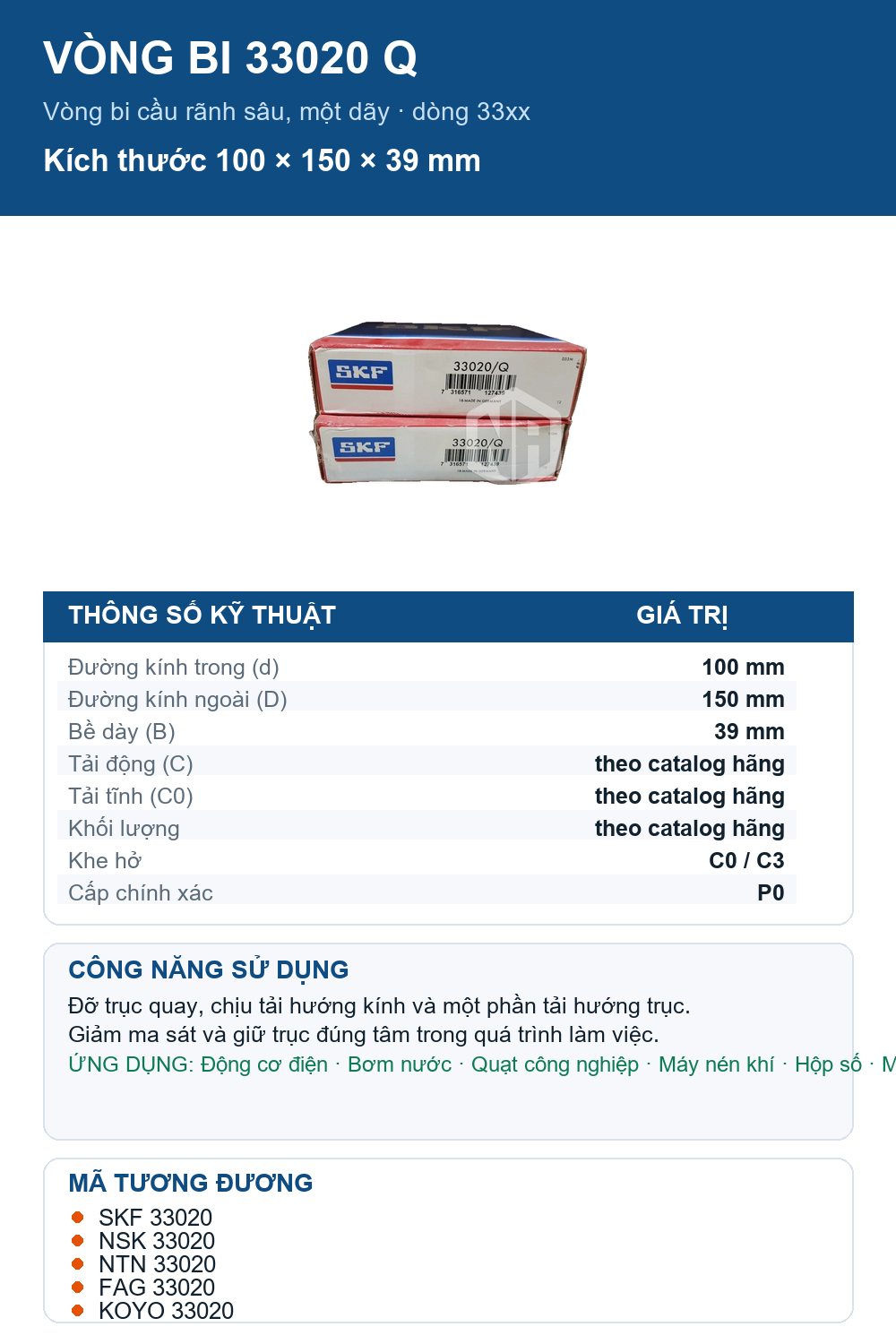 Vòng bi SKF 33020 Q 100x150x39mm — Ảnh thông số (Pinterest)
