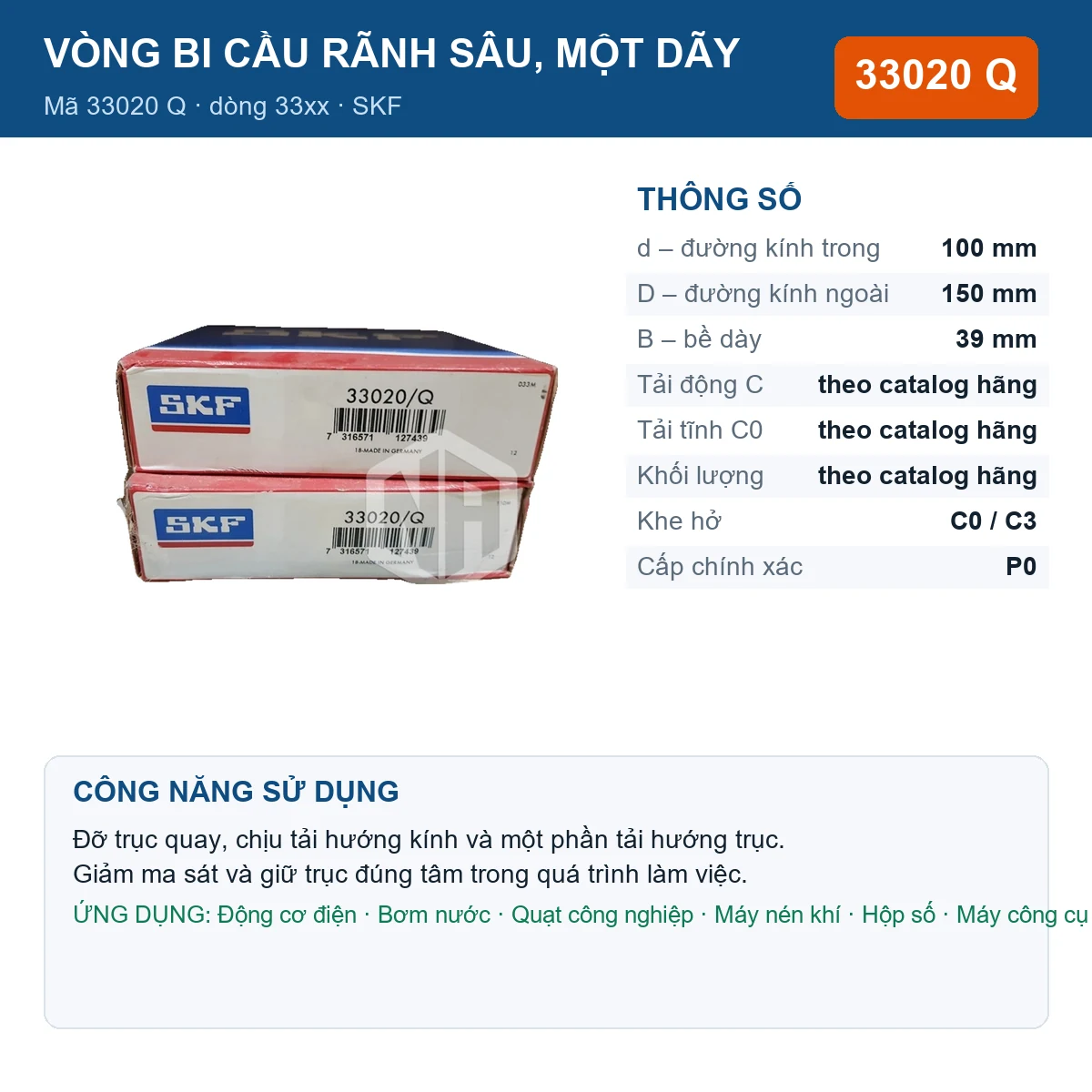 Vòng bi SKF 33020 Q — kích thước 100x150x39mm