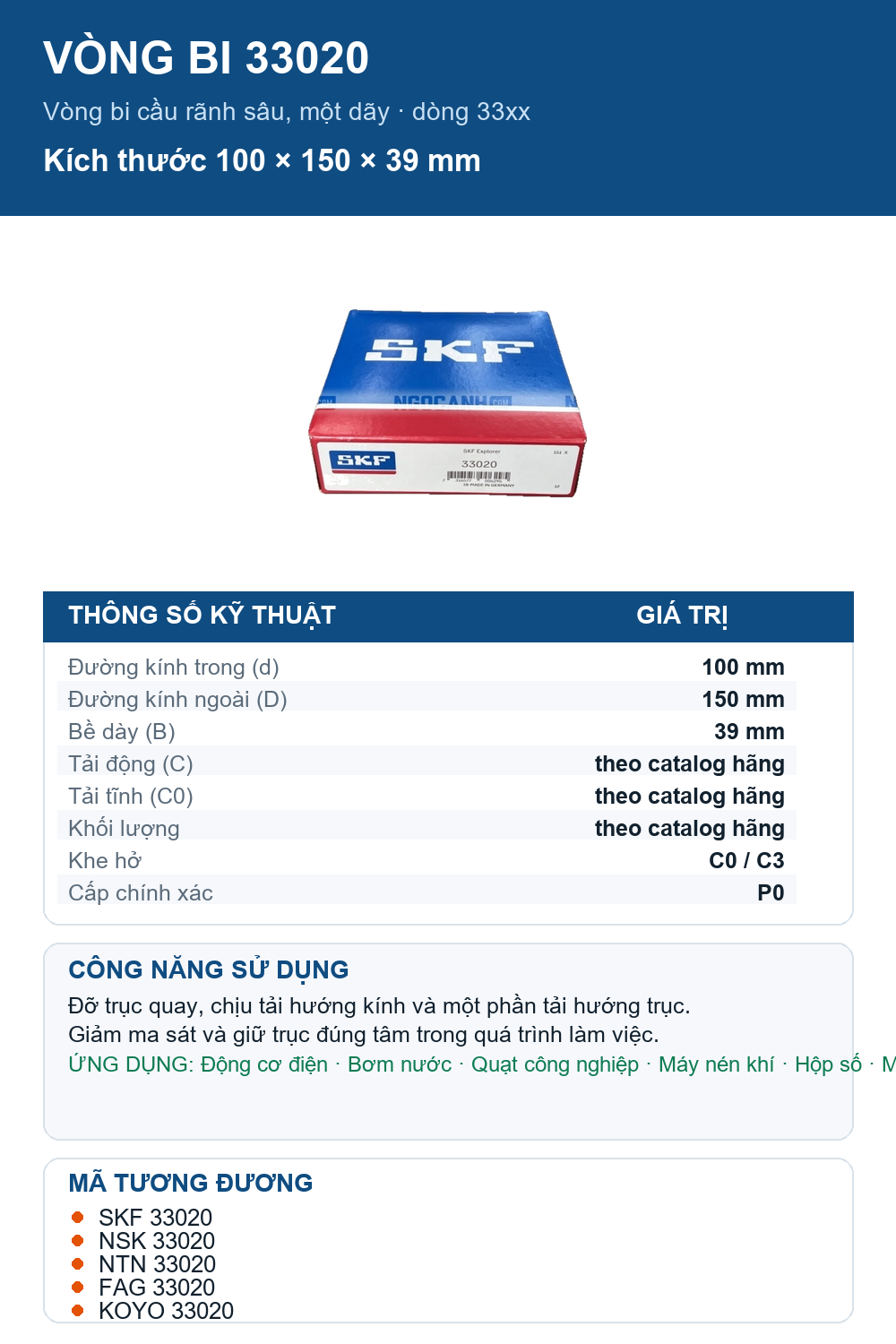 Vòng bi SKF 33020 100x150x39mm — Ảnh thông số (Pinterest)