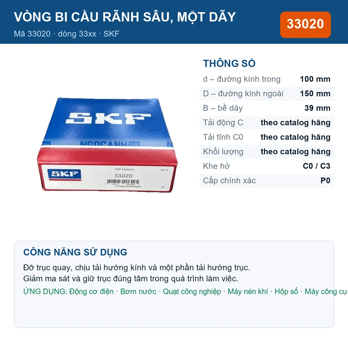 Vòng bi SKF 33020 — kích thước 100x150x39mm